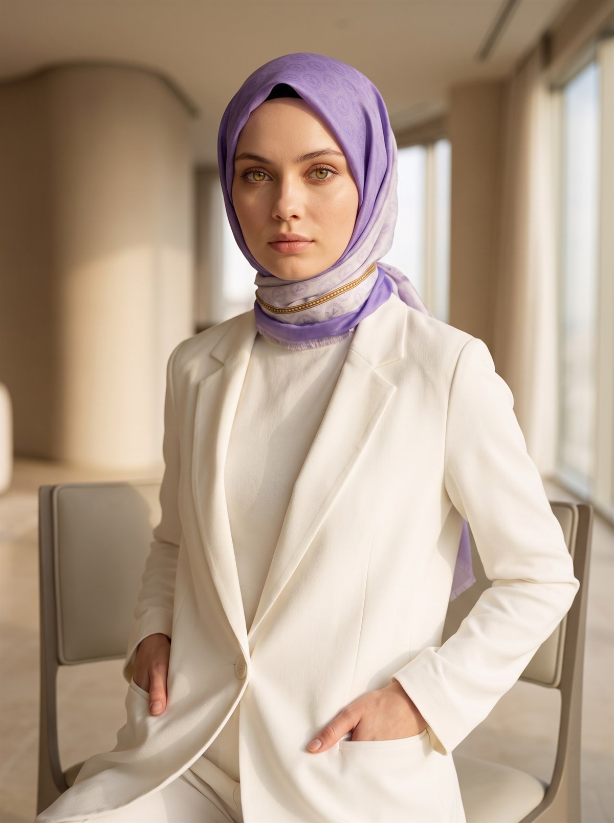 %100 Saf İpek Şal İnce Saten Vual Dokuma Degradeli Ve Monogram Desenli Lila - Gold Renkli 90x210 Şal