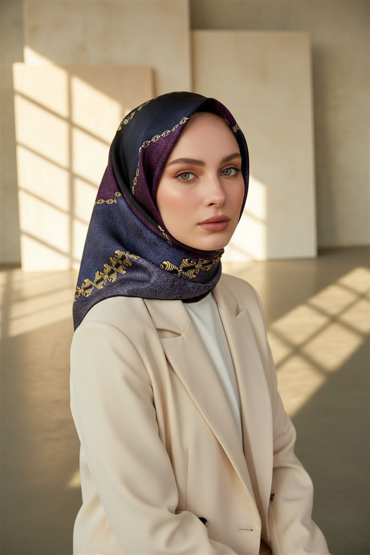 %100 Twill İpek Geometrik Desenli İndigo - Mürdüm Renkli 90x90 Eşarp Dikim Şekli : El Dikişi