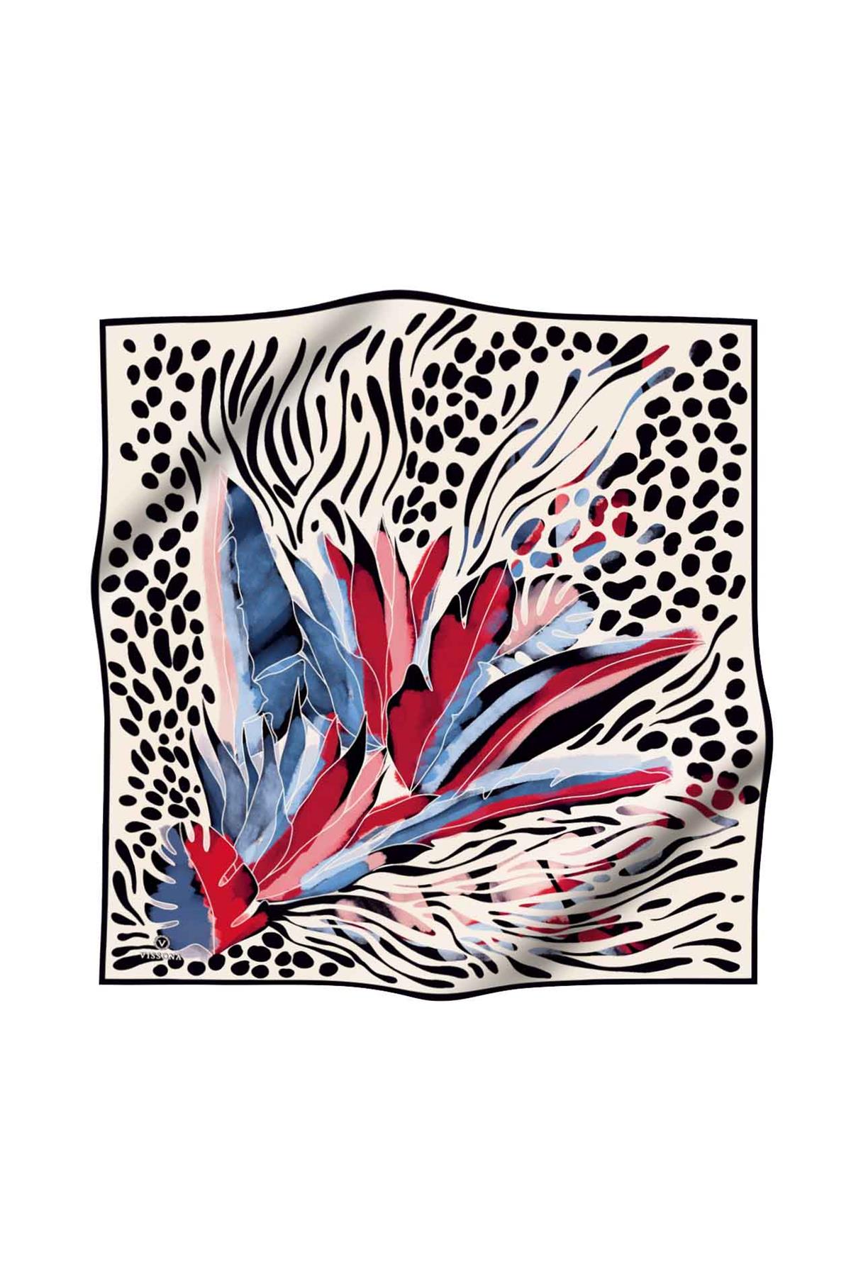 %100 Twill İpek Amazon Desenli Kırmızı- İndigo Renkli 90x90 Eşarp Kenar Dikiş Şekli El Dikişli