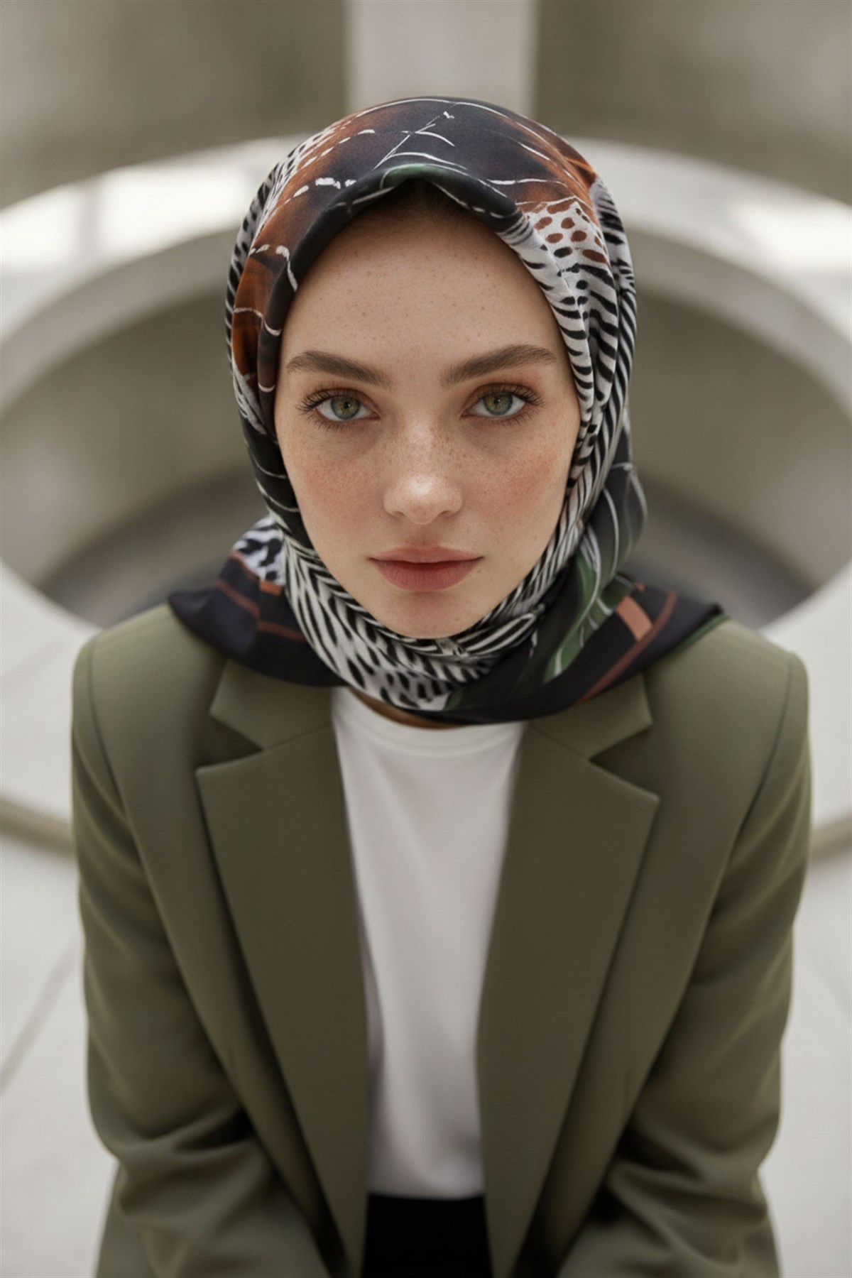 %100 Twill İpek Geometrik Desenli Siyah - Haki Renkli 90x90 Eşarp Dikim Şekli : El Dikişi
