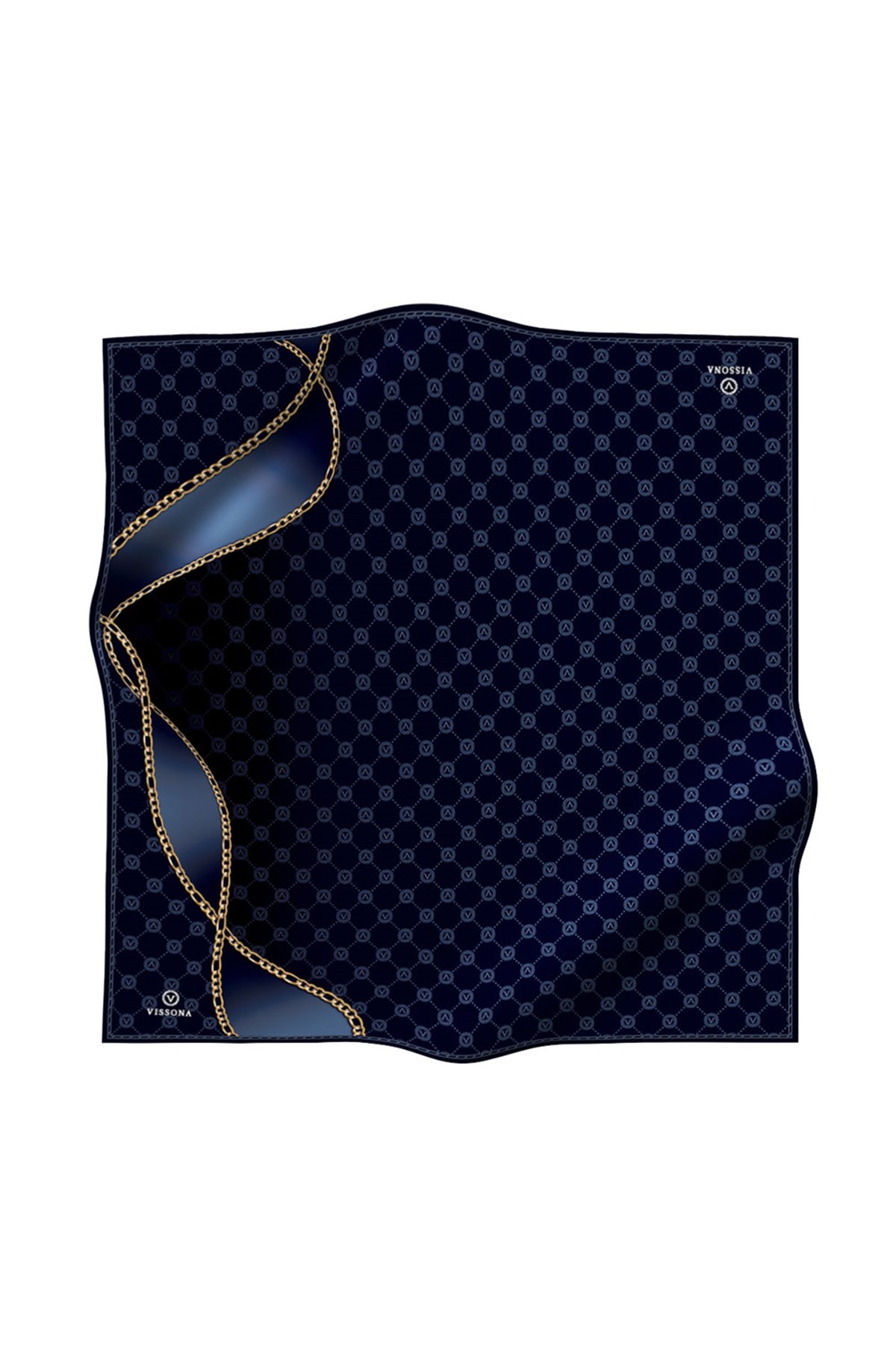%100 Twill İpek Zincirli Ve Monogram Desenli Lacivert - İndigo Renkli 90x90 Eşarp Dikim Şekli : El Dikişi