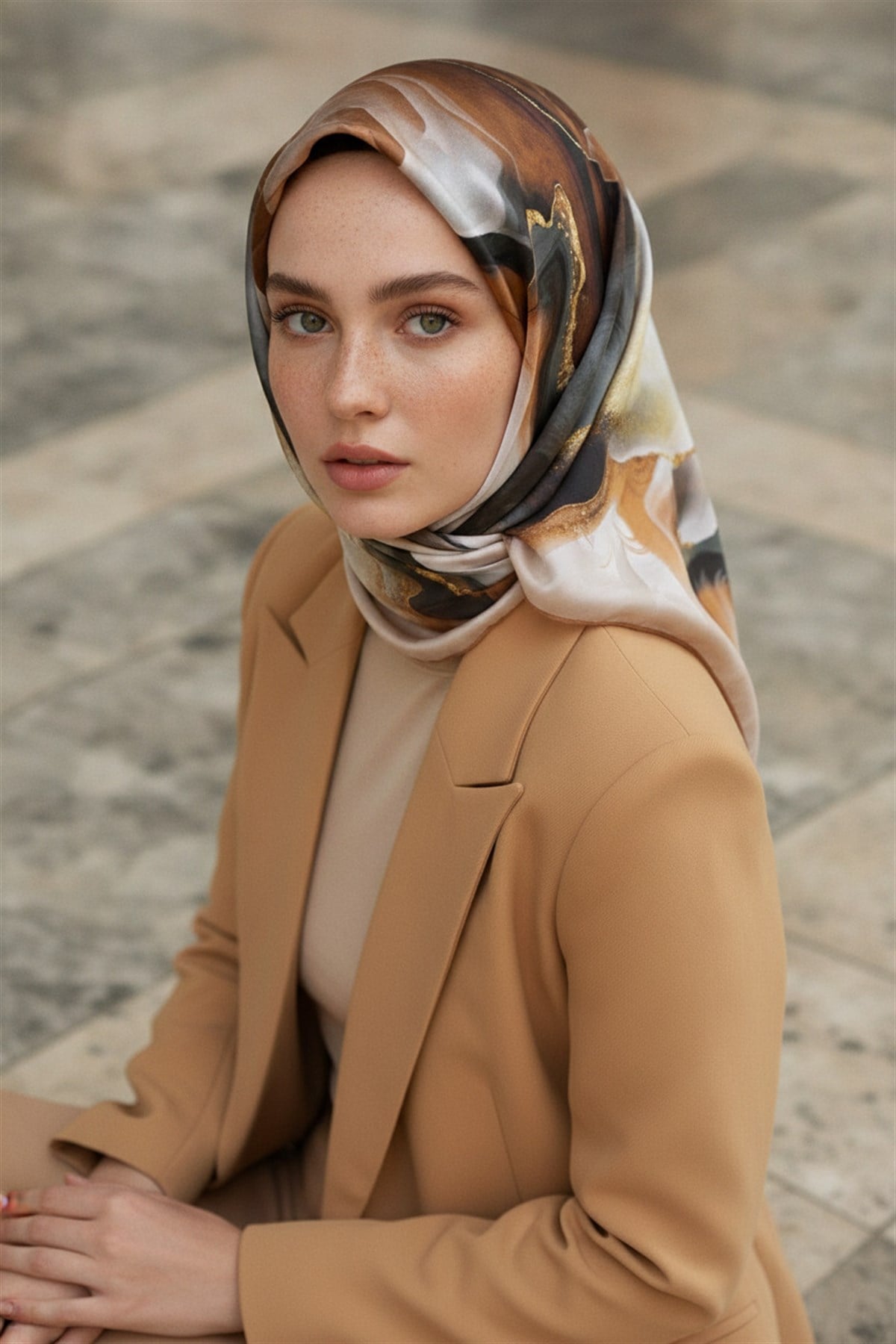 %100 Twill İpek Batik Desenli Taba - Zümrüt Yeşili Renkli 90x90 Eşarp Dikim Şekli : El Dikişi