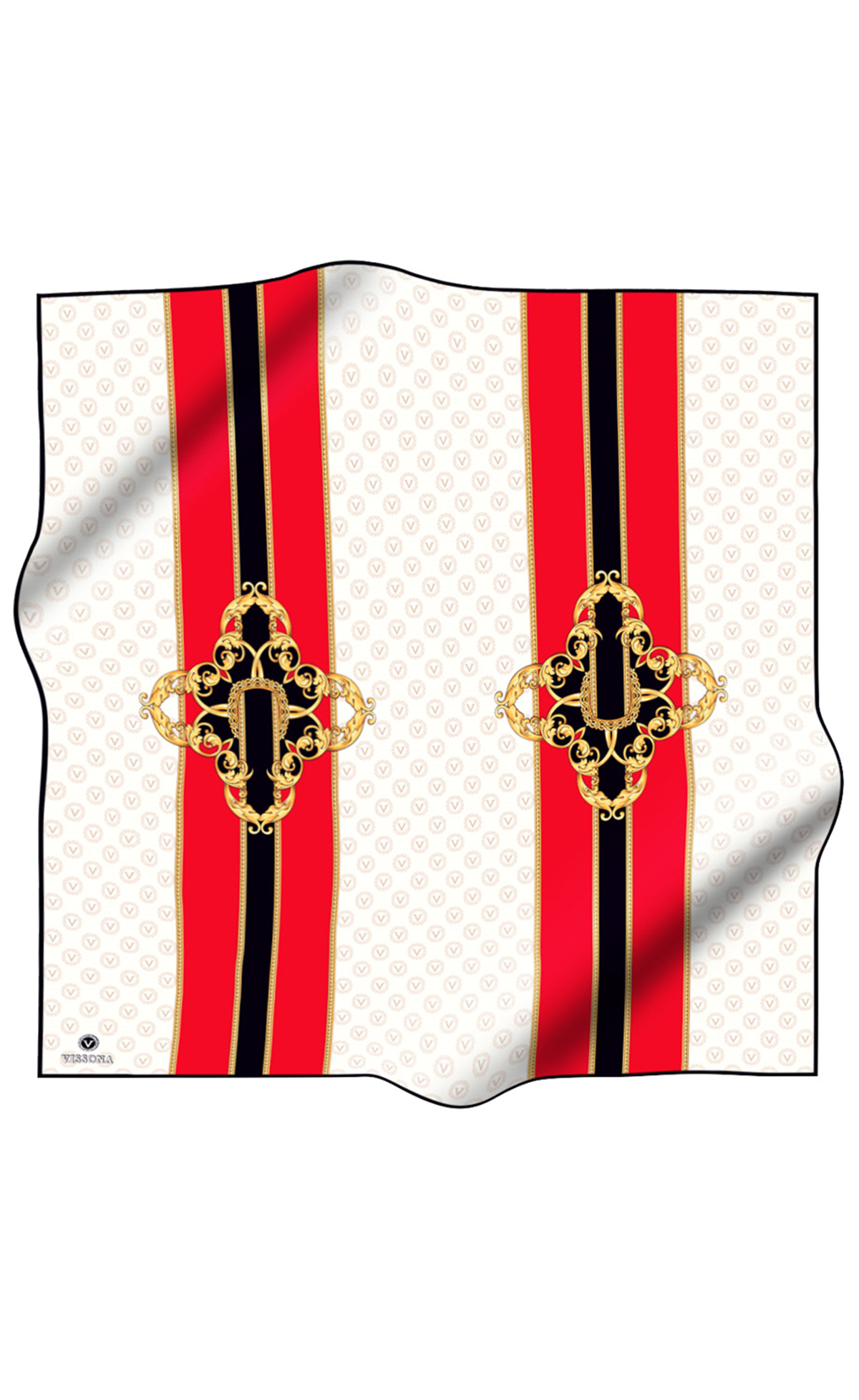 %100 Twill İpek Monogramlı Ve Barok Desenli Kırmızı - Krem Renkli 90x90 Eşarp Dikim Şekli : El Dikişi
