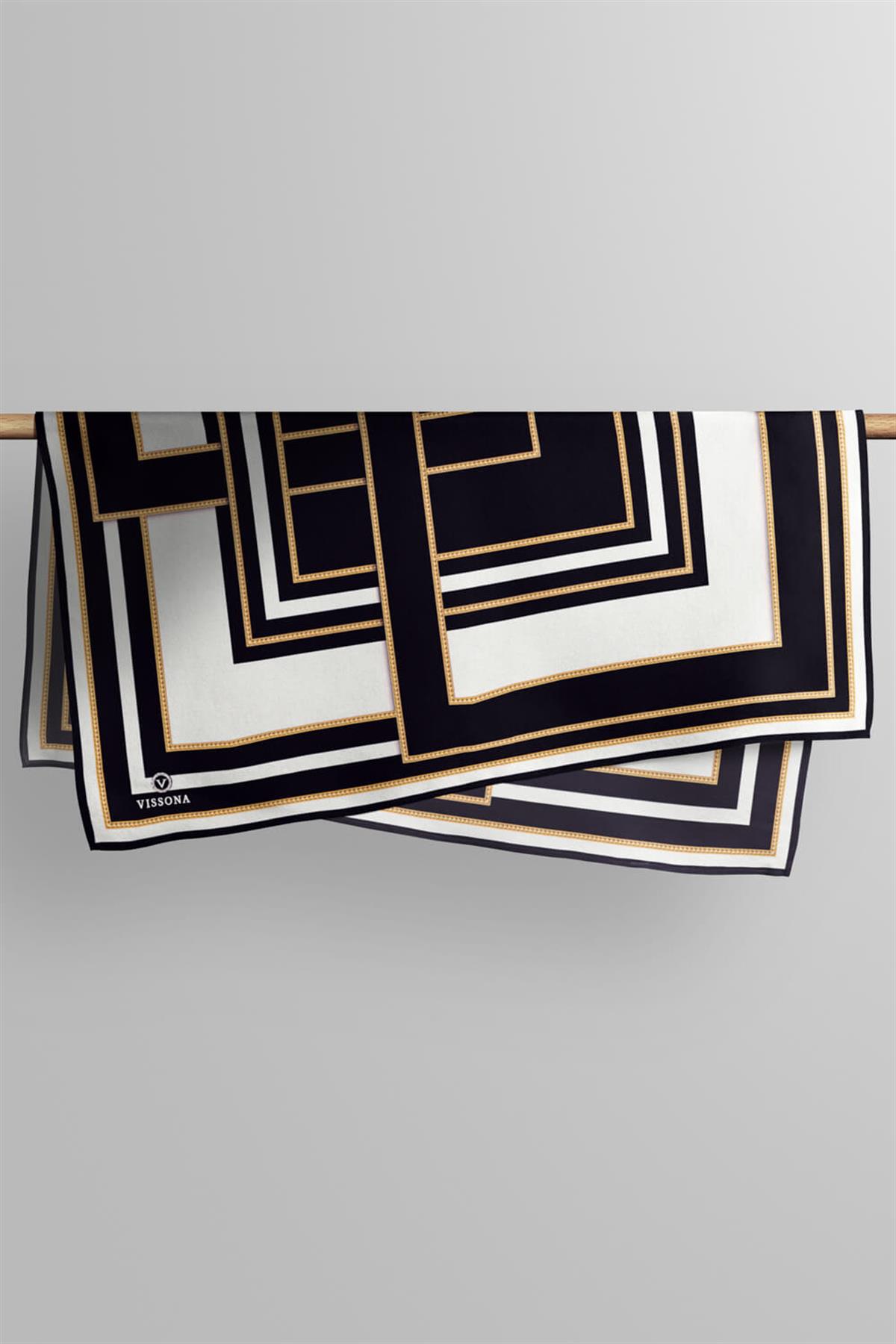 %100 Twill İpek Geometrik Desenli Siyah - Krem Renkli 90x90 Eşarp Dikim Şekli : El Dikişi