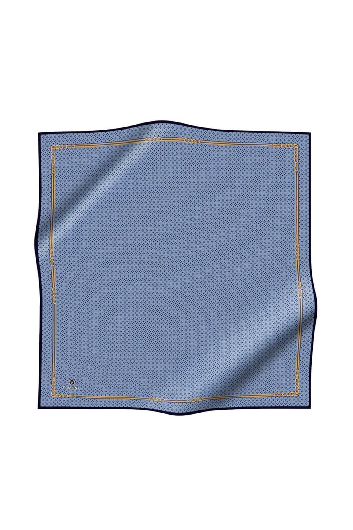 %100 Twill İpek Zincir Desenli Bebe Mavisi - Siyah Renkli 90x90 Eşarp Dikim Şekli : El Dikişi