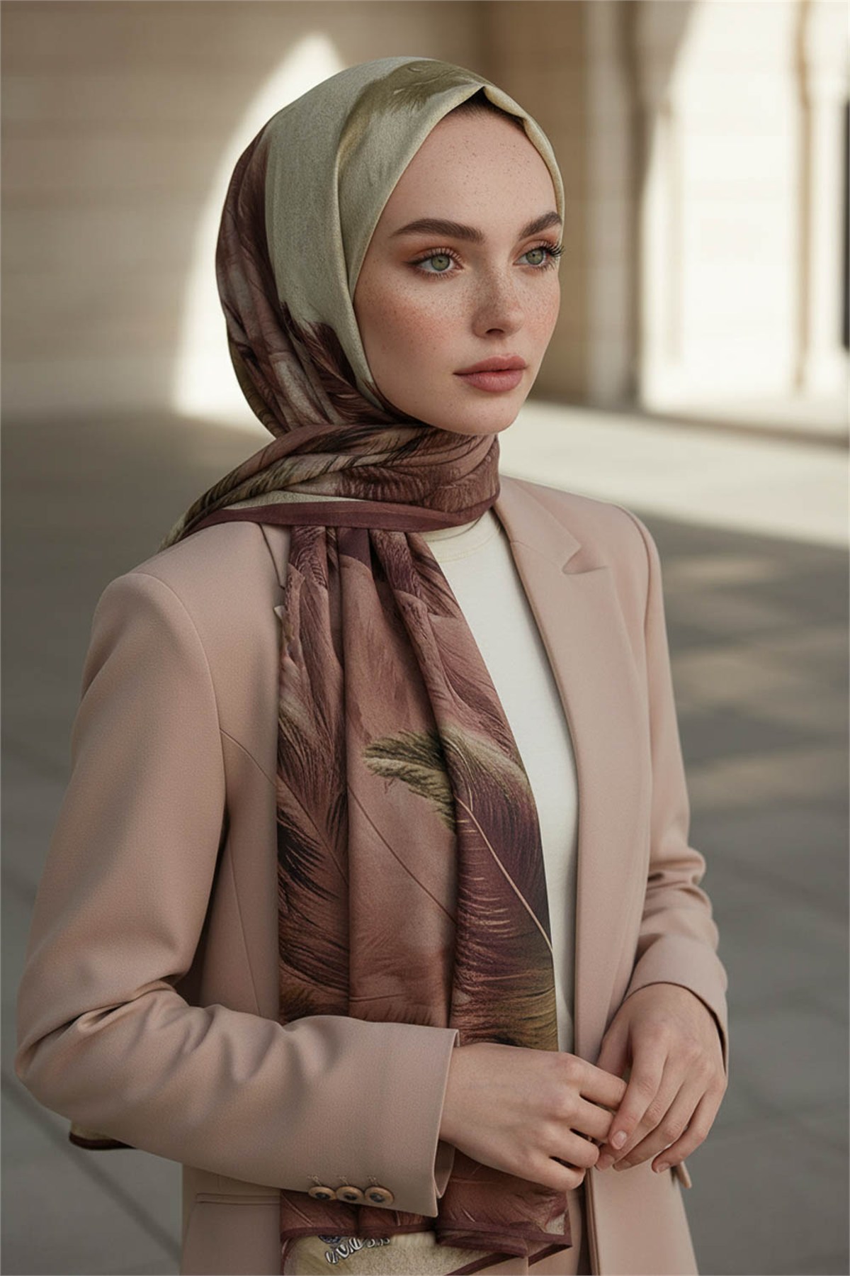KREP YAPRAK DESENLİ GÜL KURUSU - BEJ RENKLİ 75X195 KIRIŞMAZ ŞAL