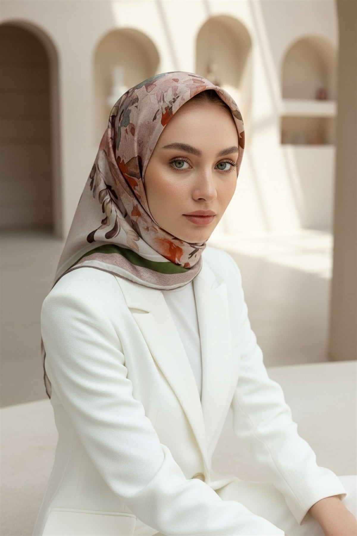 %100 Twill İpek Bahar Çiçekleri Desenli Narçiçeği - Haki Renkli 90x90 Eşarp Dikim Şekli : El Dikişi