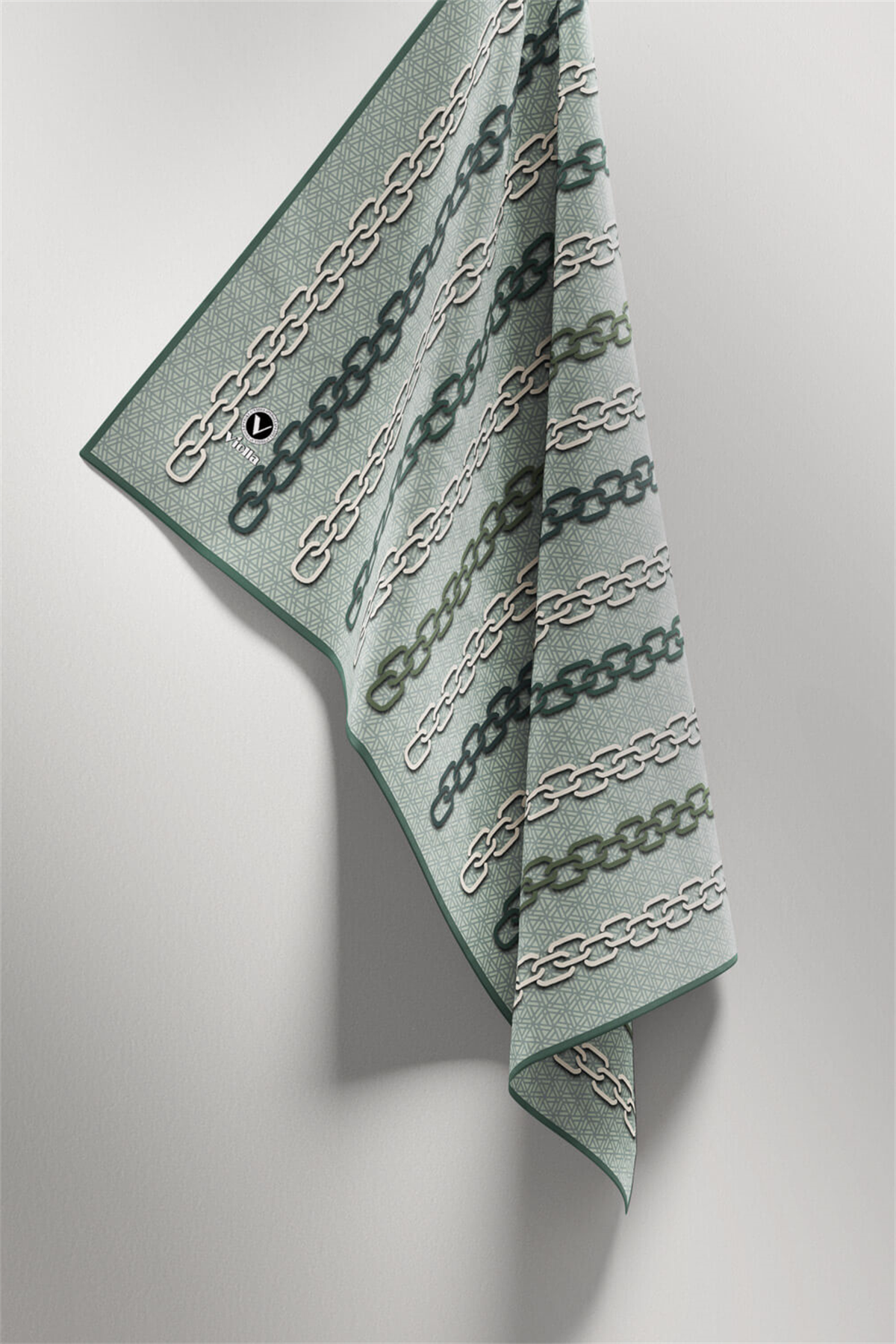 Twill Zincir Desenli Koyu Mint Yeşili Renkli 90x90 Eşarp (İpek İçermez) Kenar Dikiş Şekli El Dikişli