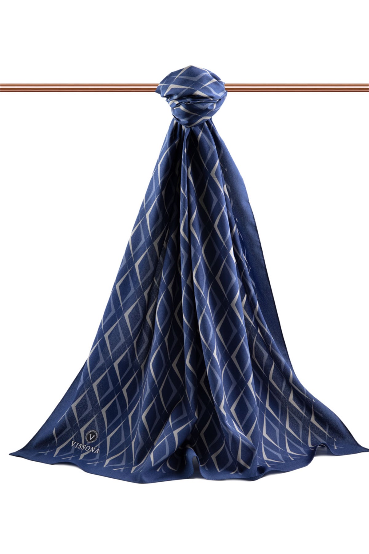 KREP GEOMETRİK DESENLİ LACİVERT RENKLİ 75X195 KIRIŞMAZ ŞAL
