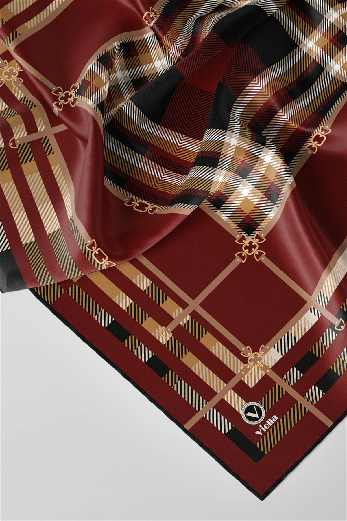 Twill Kemerli ve Ekose Desenli Bordo Renkli 90x90 Eşarp (İpek İçermez)Kenar Dikiş Şekli El Dikişli