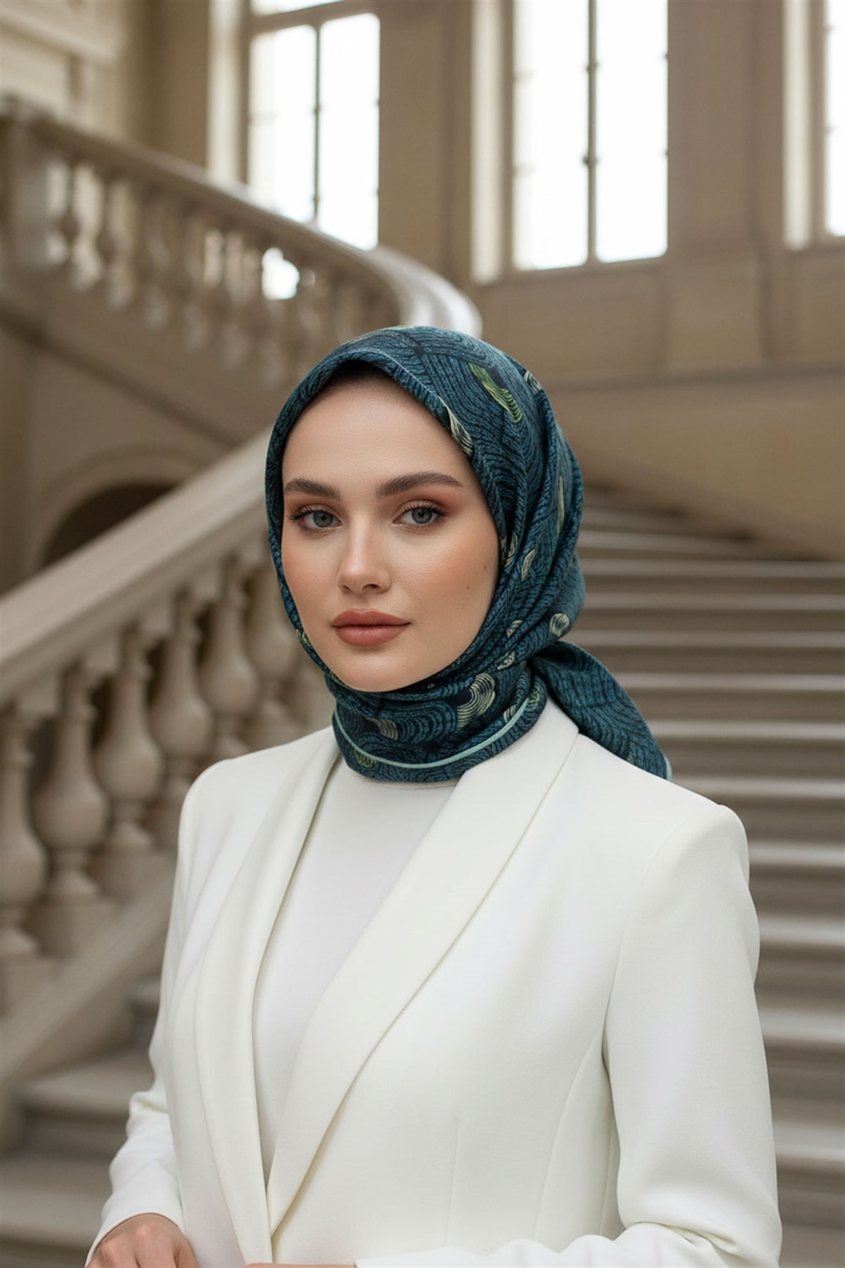 %100 Twill İpek Geometrik Desenli Petrol Mavisi - Lacivert Renkli 90x90 Eşarp Dikim Şekli : El Dikişi