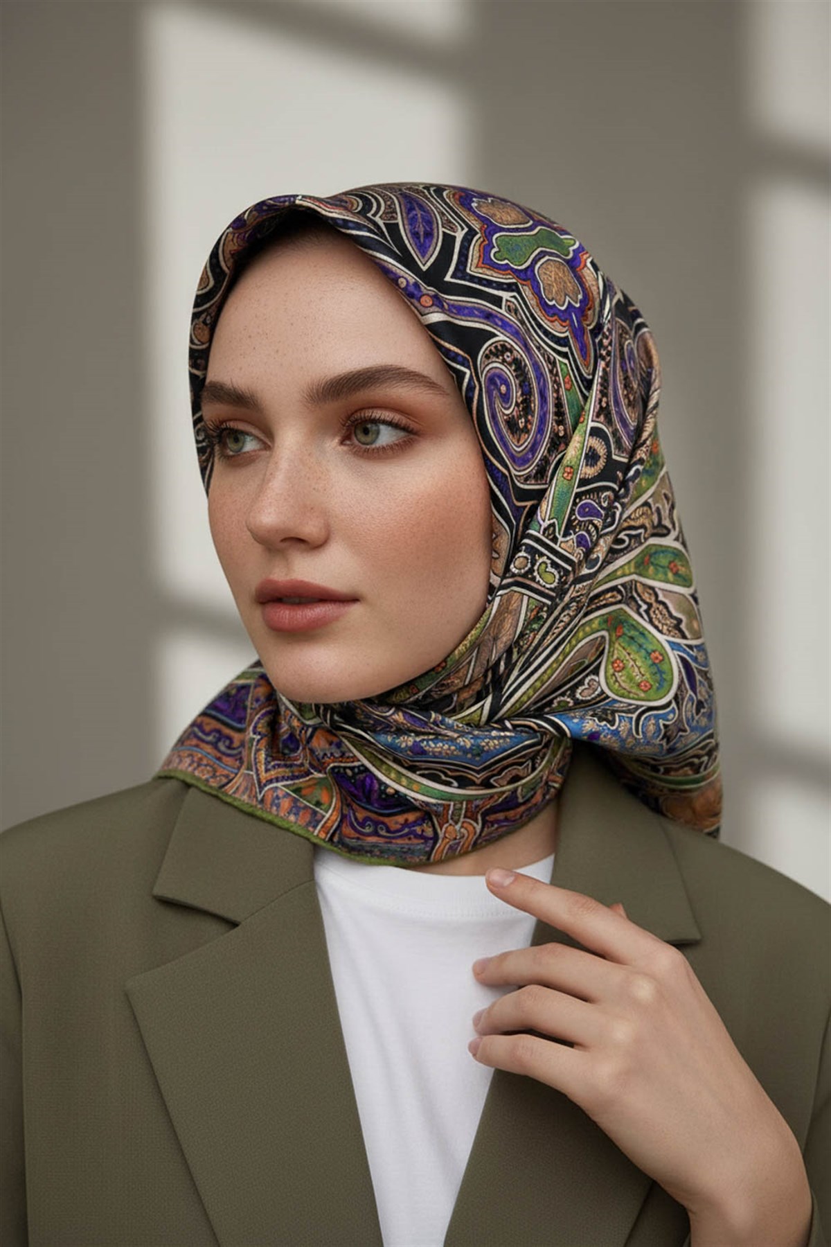 100% Twill İpek Etnik Desenli Haki Renkli 90x90 Dikim Şekli : El Dikişi Eşarp