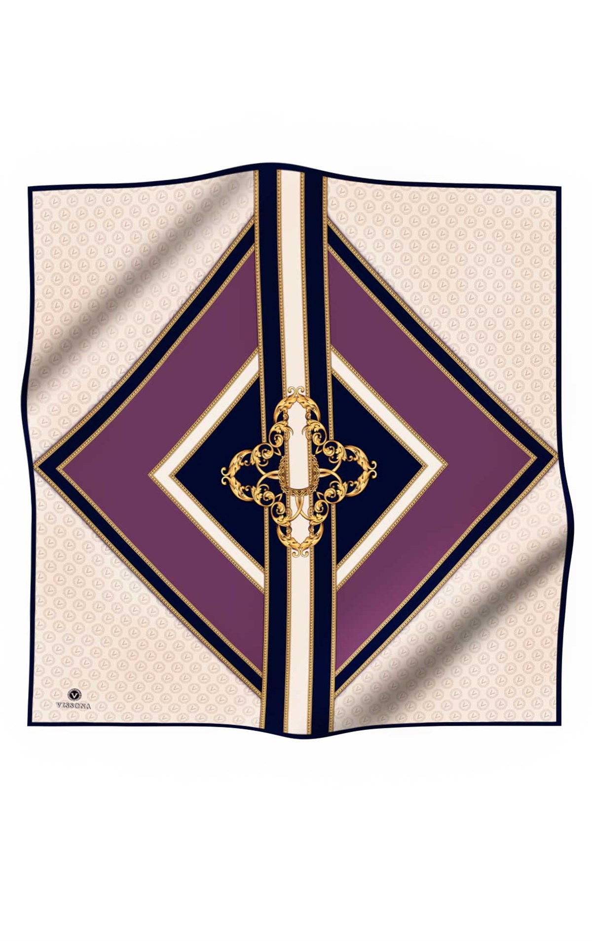 %100 Twill İpek Monogram ve Barok Desenli Lila - Lacivert Renkli 90x90 Eşarp Dikim Şekli : El Dikişi