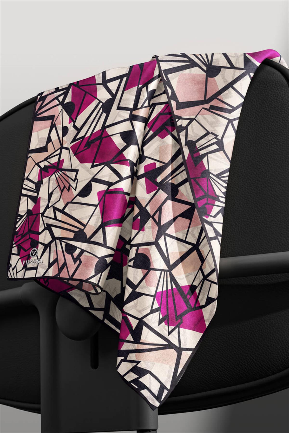 %100 Twill Renkli Petek Desenli Fuşya - Pembe Renkli 90x90 Eşarp Dikim Şekli: El Dikişii