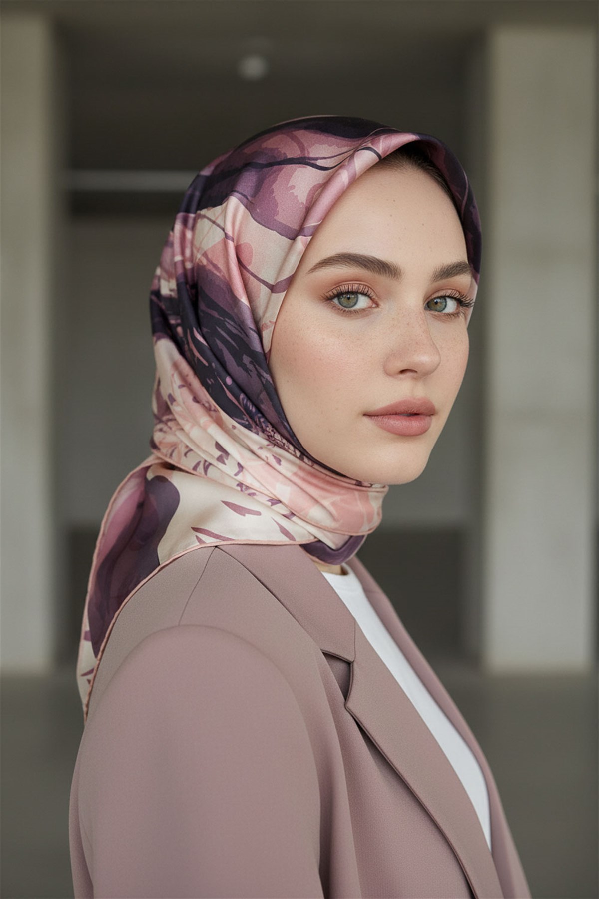 %100 Twill İpek Çiçekli Sulu Boya Dalga Desenli Pudra - Gül Kurusu Renkli 90x90 Eşarp Dikim Şekli : El Dikişi