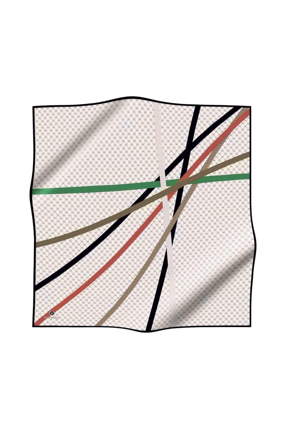 %100 Twill İpek Monogram Ve Şerit Desenli Taba - Siyah Renkli 90x90 Eşarp Dikim Şekli : El Dikişi