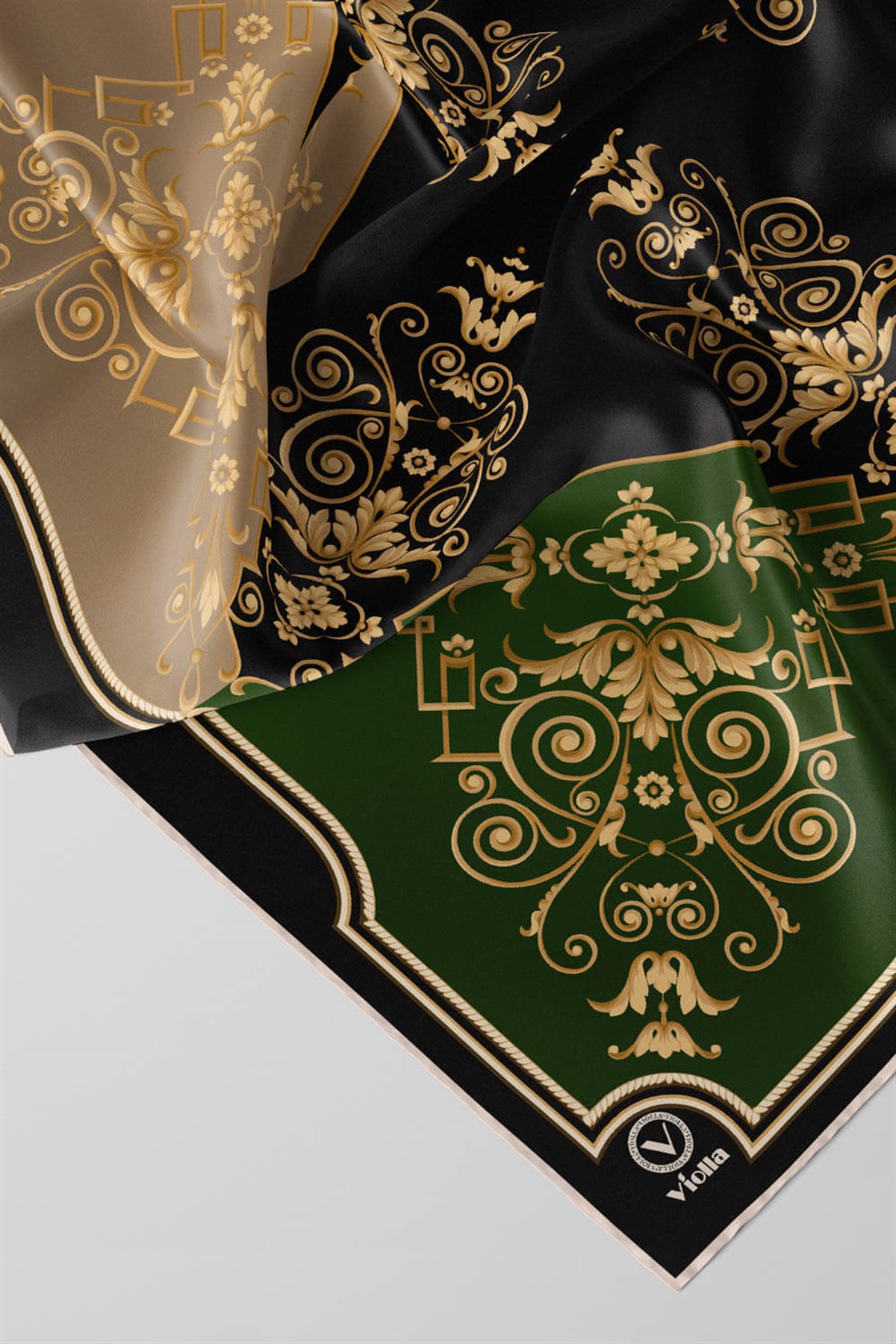 Twill Gold Desenli Zümrüt Yeşili Renkli 90x90 Eşarp (İpek İçermez) Kenar Dikiş Şekli El Dikişli