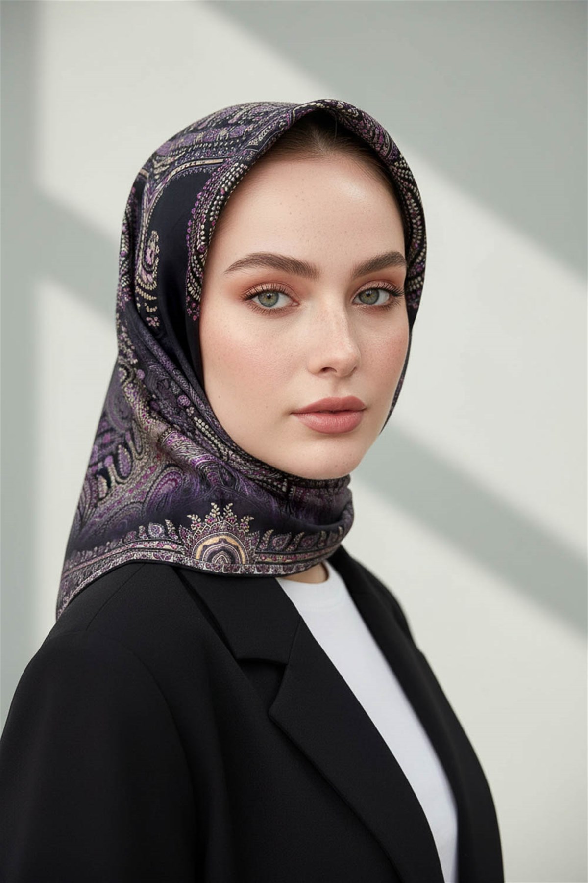 %100 Twill İpek Şal Desenli Siyah Renkli 90x90 Eşarp Dikim Şekli : El Dikişi