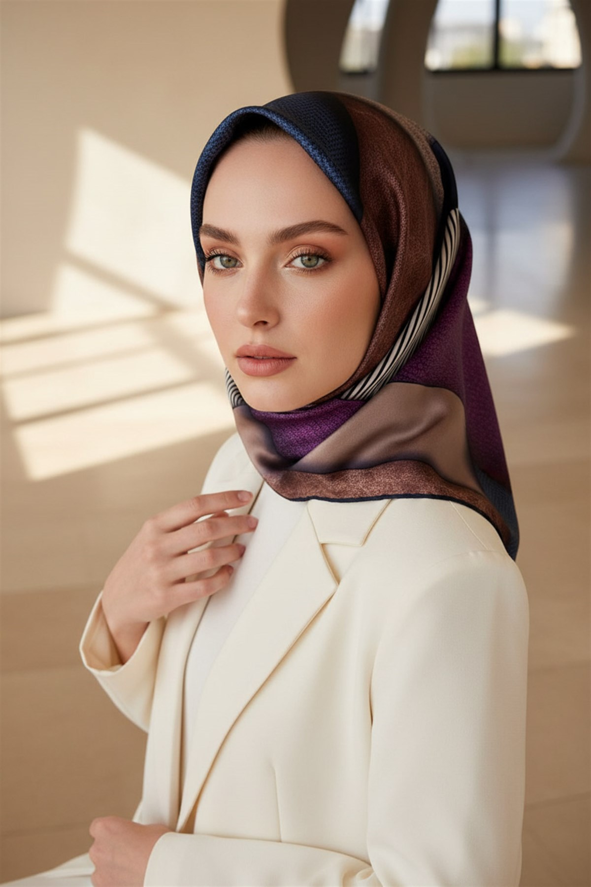 %100 Twill İpek Dokulu ve Geometrik Desenli Lacivert - Mürdüm Renkli 90x90 Eşarp Dikim Şekli : El Dikişi