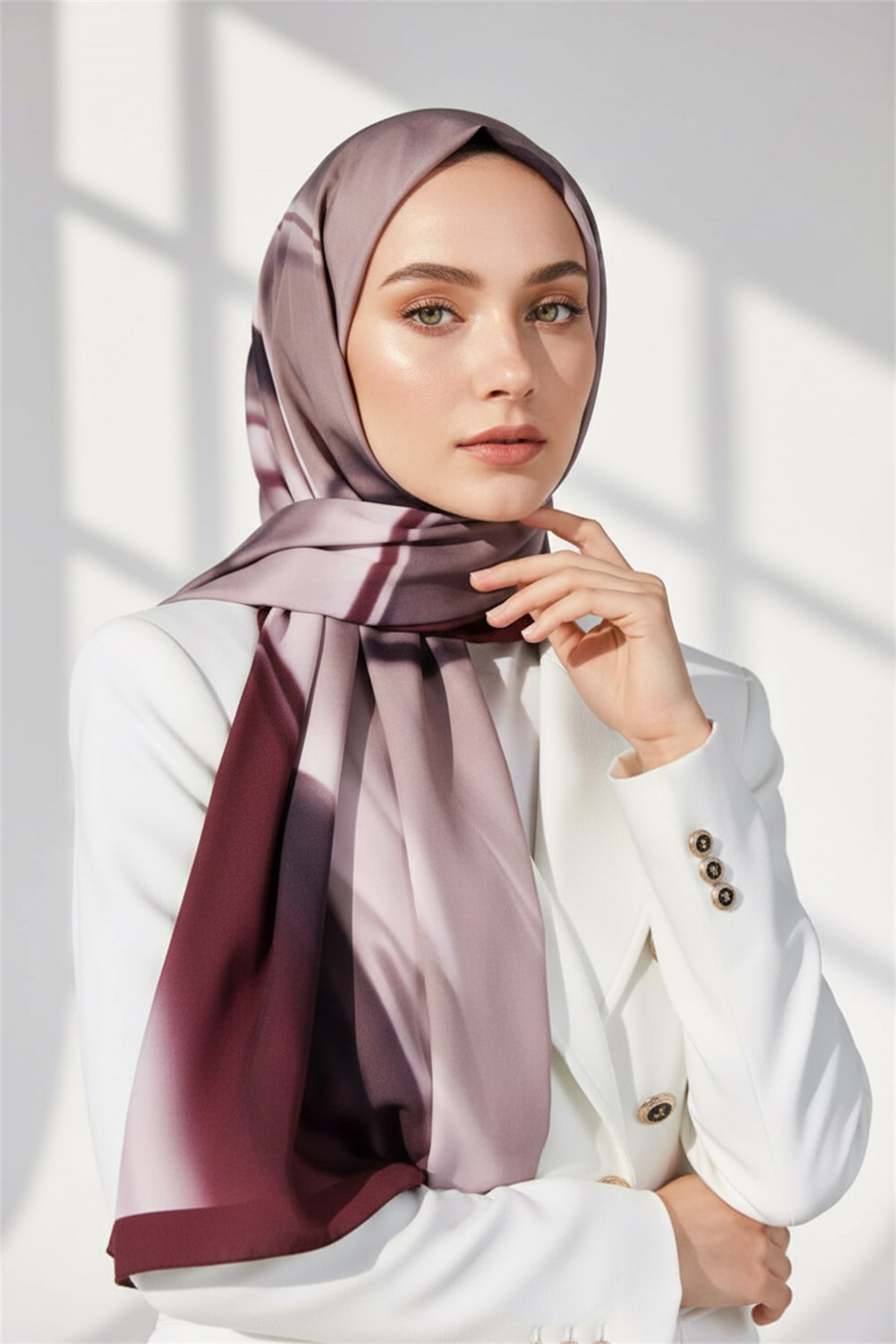 KREP DALGA DESENLİ PUDRA - ŞARABİ RENKLİ 75X195 KIRIŞMAZ EŞARP