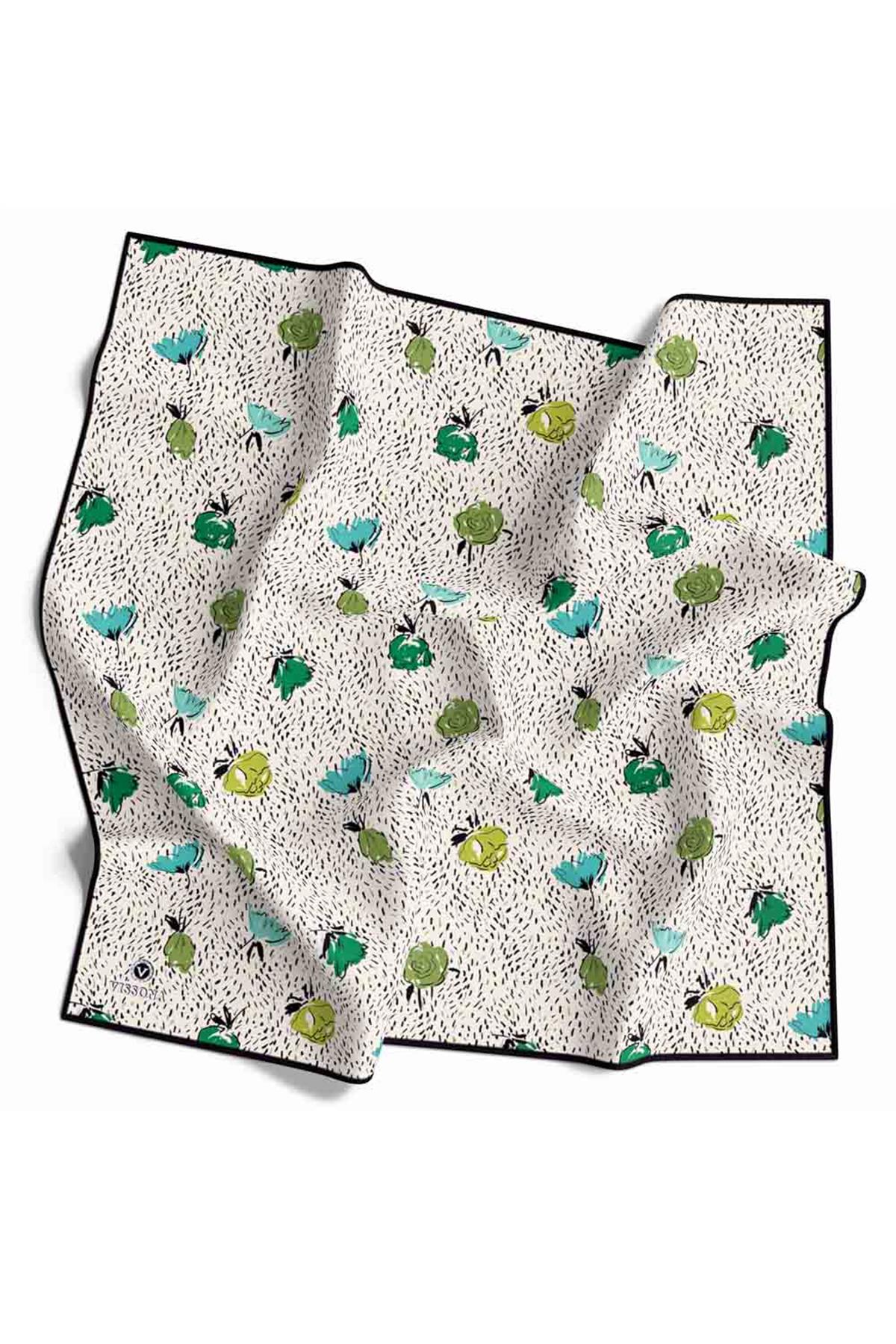 %100 Twill İpek Çıtır Çiçek Desenli Haki - Krem Renkli 90x90 Eşarp Dikim Şekli : El Dikişi