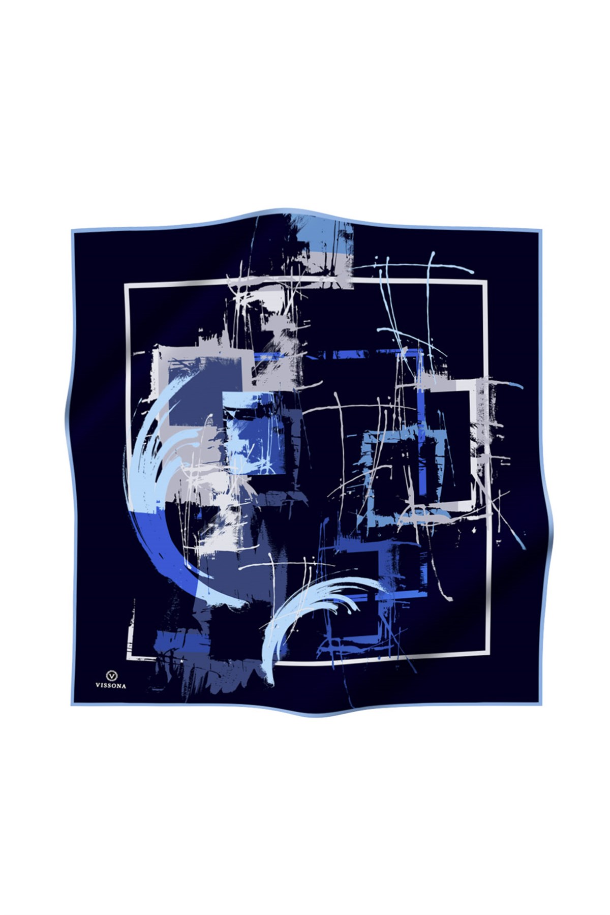 %100 Twill İpek Geometrik Desenli Lacivert - Bebe Mavisi Renkli 90x90 Eşarp Dikim Şekli : El Dikişi