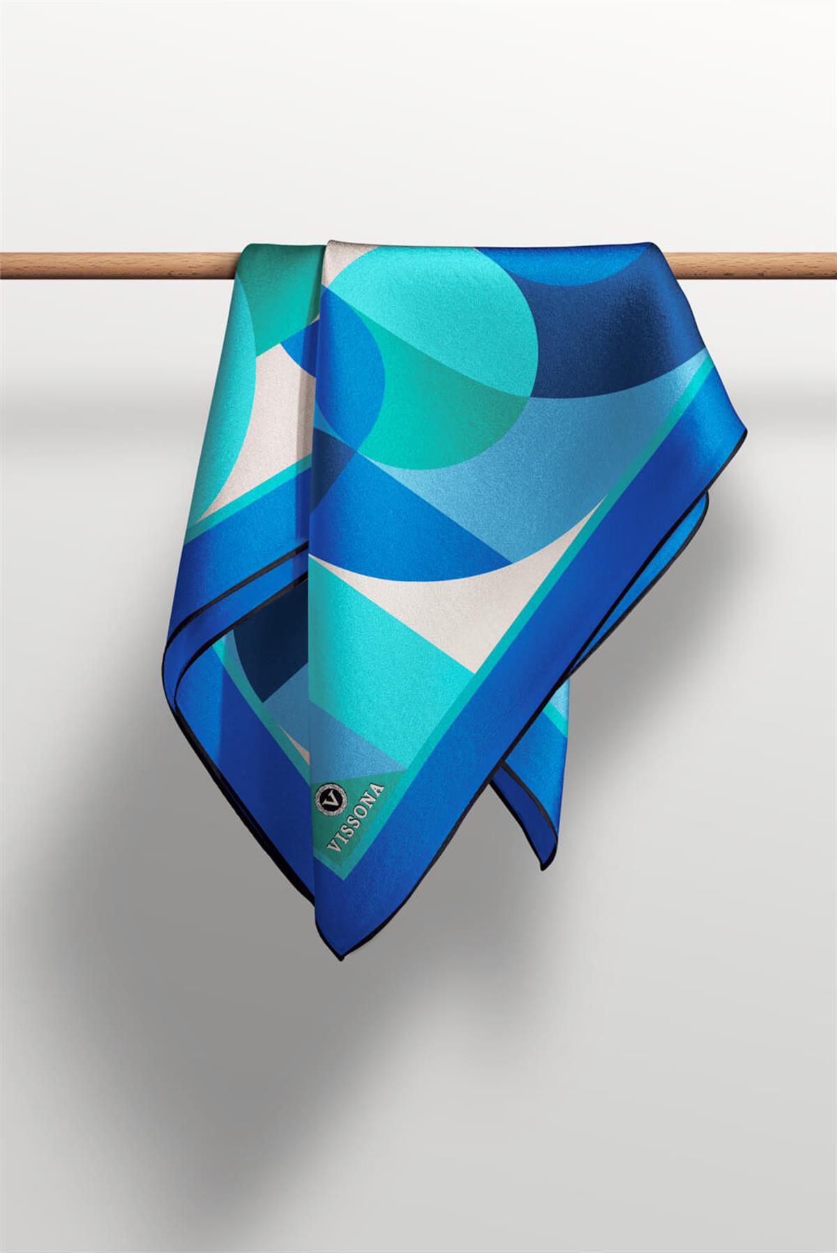 %100 Twill Renk Bloklu Çizgili Desenli Saks - Mint Yeşili Renkli 90x90 Eşarp Dikim Şekli: El Dikişii