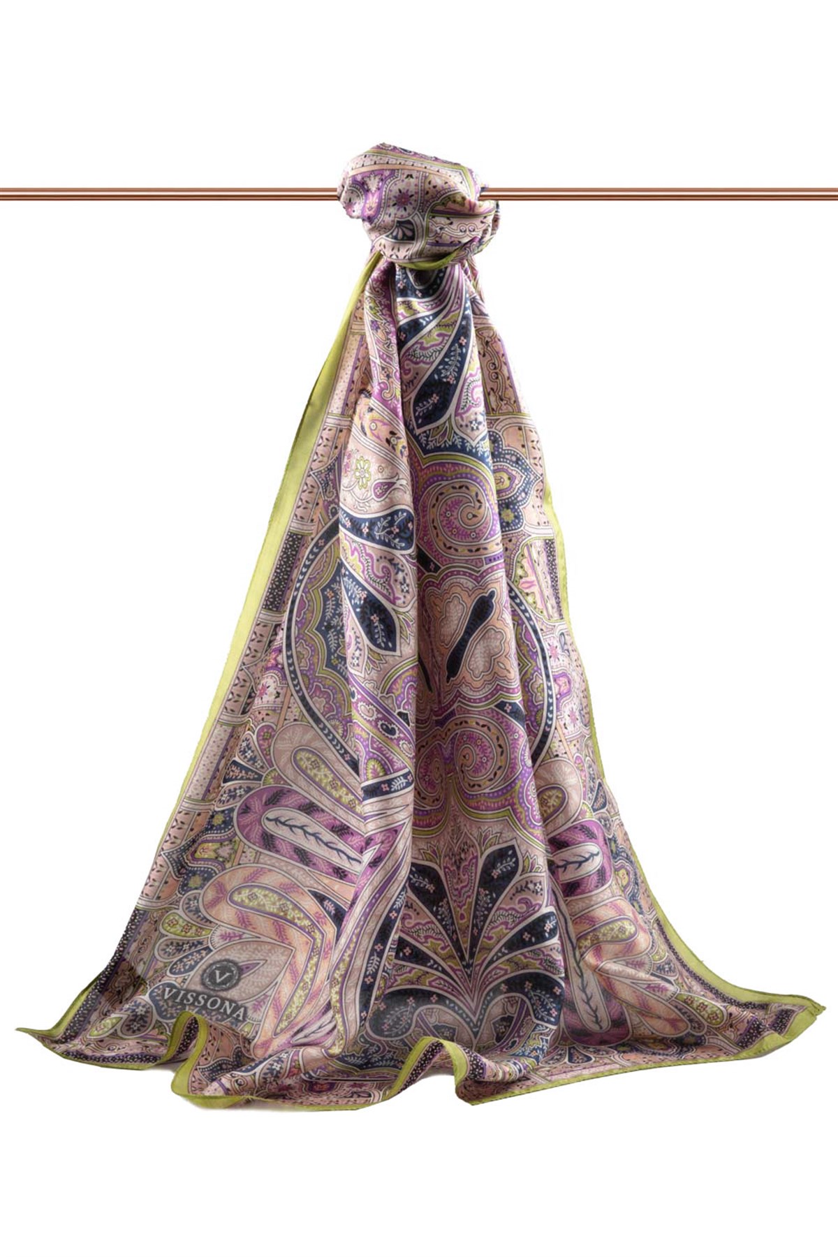 100% İpek Etro Desenli Fıstık Yeşili - Mor Renkli 92x210 Şal