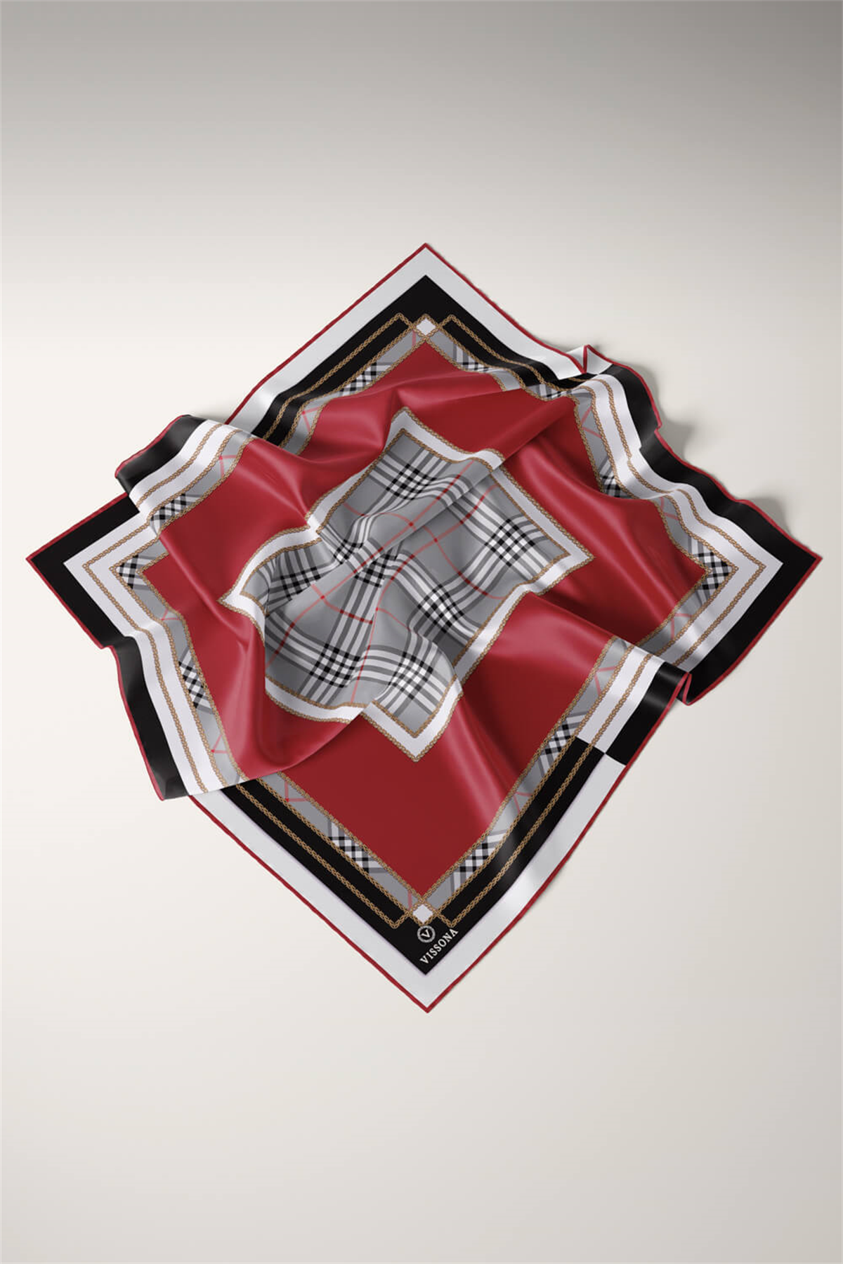 % 57 İPEK % 43 VİSKON Twill İpek Ekose Desenli Bordo Renkli 90x90 Eşarp Dikim Şekli : El Dikişi