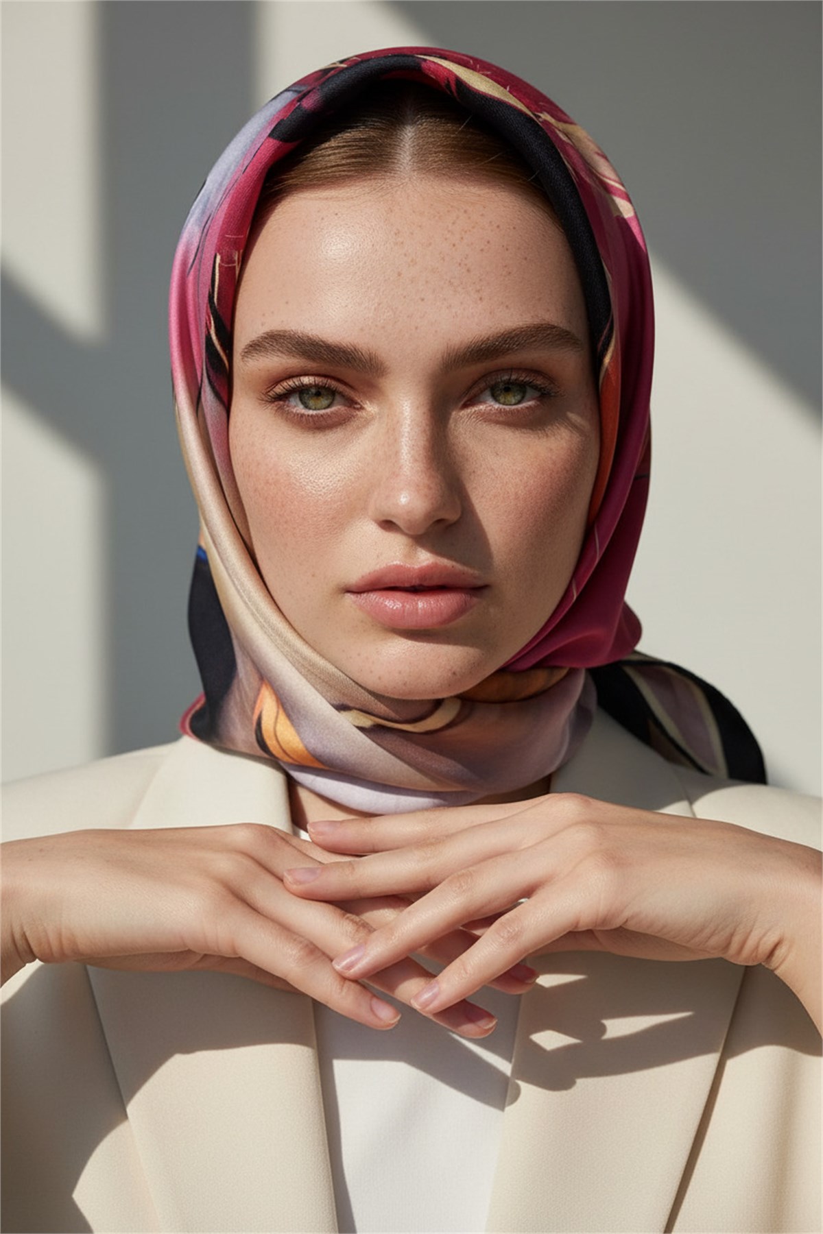 %100 Twill İpek Eşarp 90x90 Soyut Sulu Boya Desenli El Dikişli Kadın Eşarp