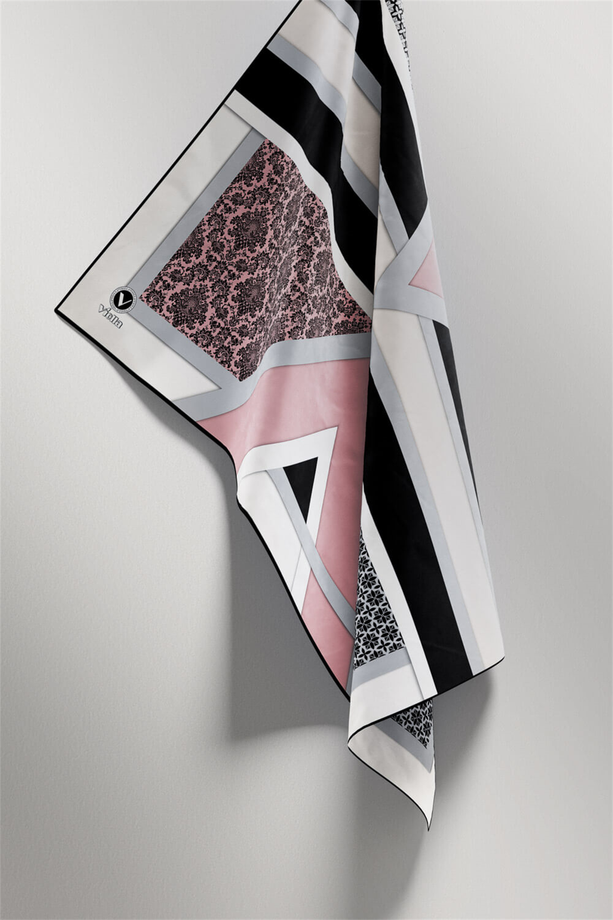 Twill Geometrik Barok Desenli Pudra - Gri Renkli 90x90 Eşarp (İpek İçermez) Kenar Dikiş Şekli El Dikişli