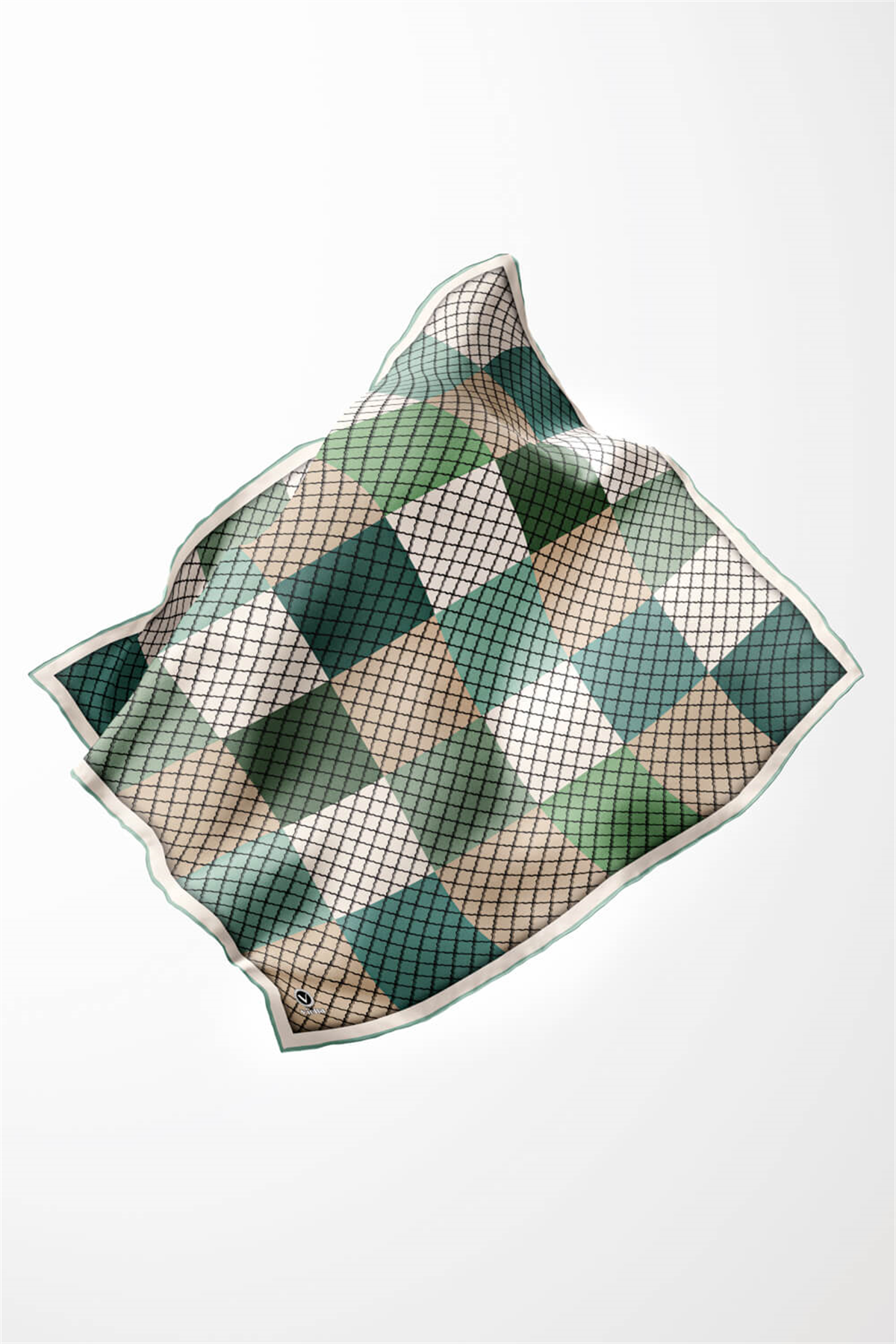 Twill Kare Desenli Koyu Mint Yeşili Renkli 90x90 Eşarp (İpek İçermez) Kenar Dikiş Şekli El Dikişli