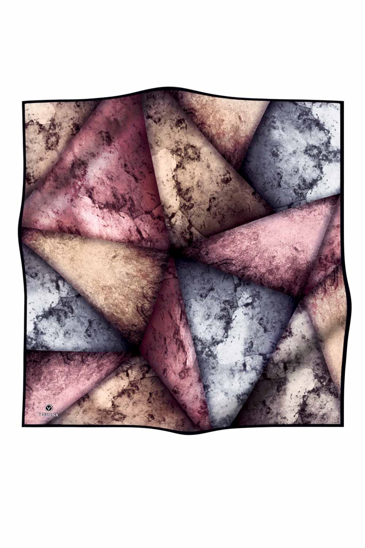 % 57 İPEK % 43 VİSKON Twill İpek Dokulu Ve Geometrik Desenli Pudra - Gri Renkli 90x90 Eşarp Dikim Şekli : El Dikişi