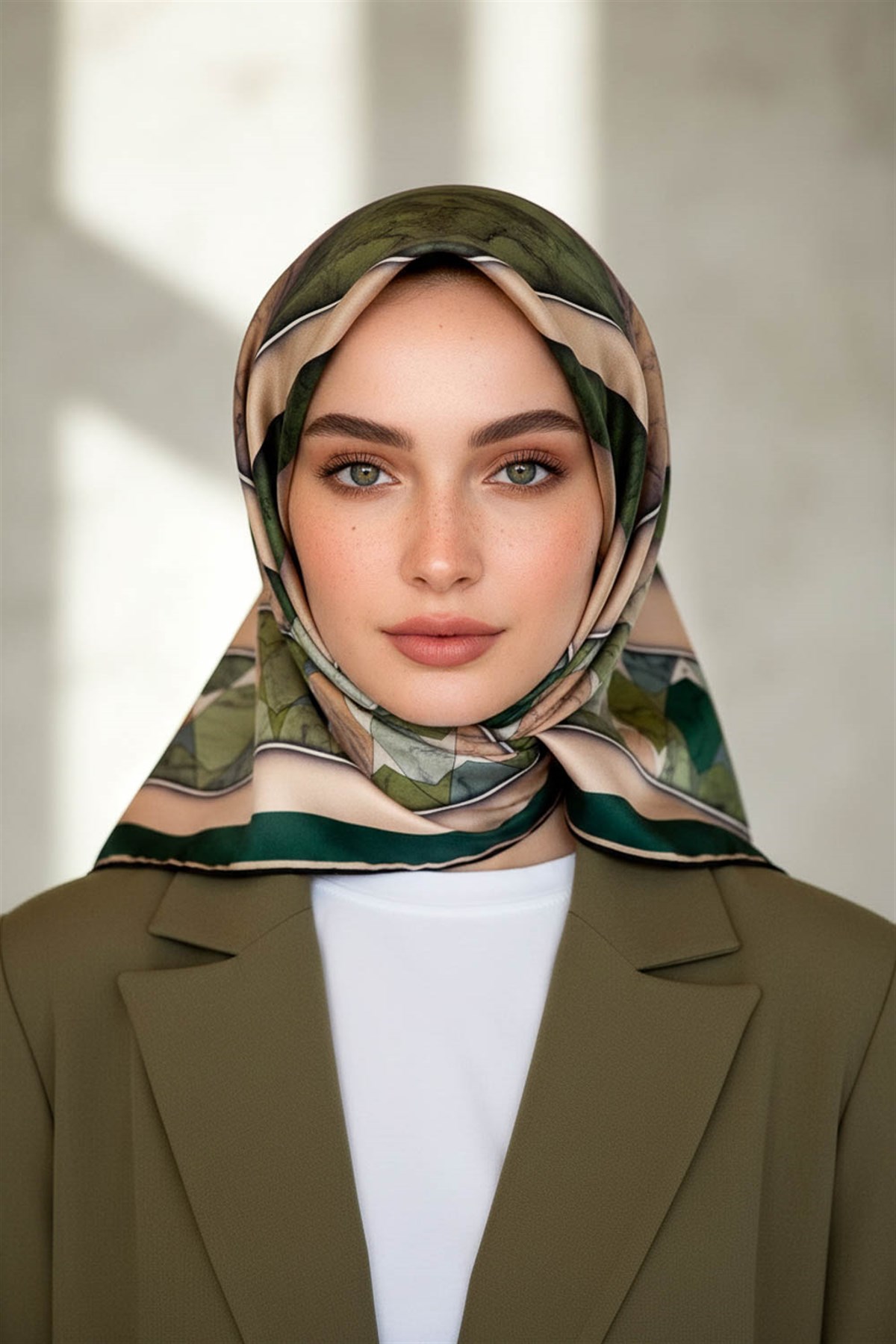 %100 Twill İpek Mermer Efektrli Geometrik Desenli Haki - Bej Renkli 90x90 Eşarp Dikim Şekli : El Dikişi