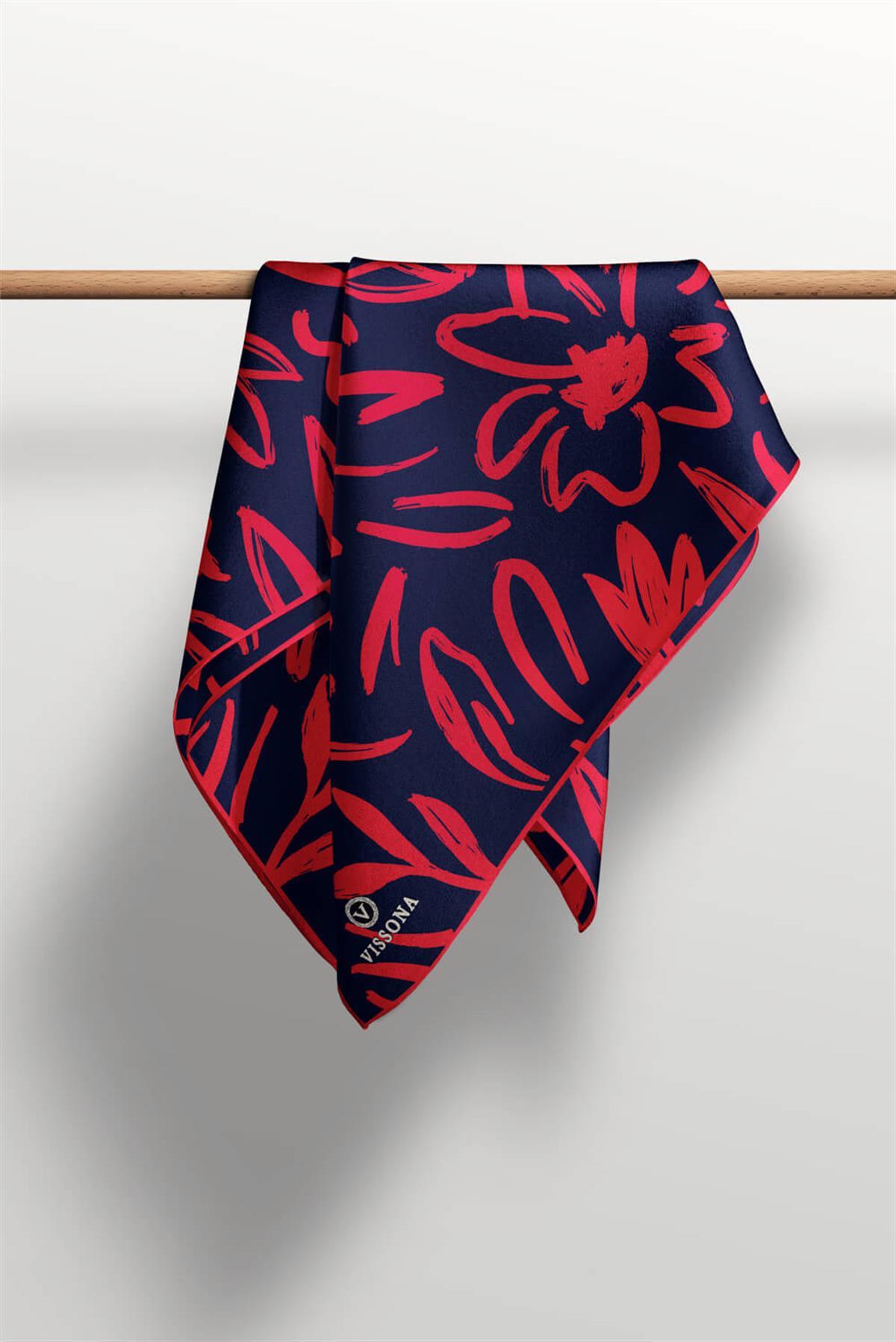 %100 Twill İpek Büyük Çiçek Desenli Lacivert - Kırmızı Renkli 90x90 Eşarp Dikim Şekli : El Dikişi