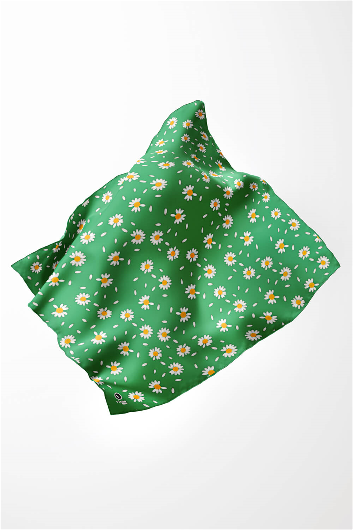 Twill Papatya Desenli Benetton Yeşili Renkli 90x90 Eşarp (İpek İçermez) Kenar Dikiş Şekli El Dikişli