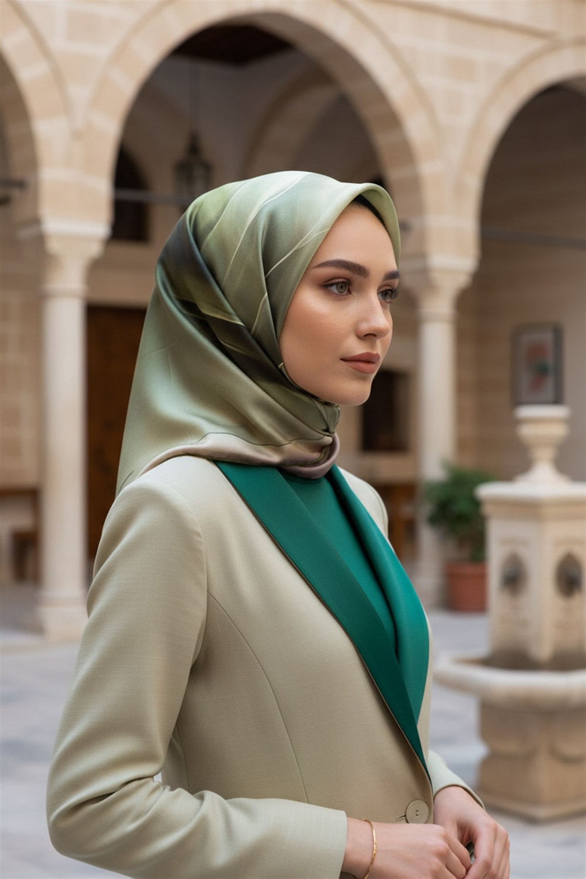 %100 Twill İpek Degrade Duman Haki Yeşili - Zümrüt Yeşili Renkli 90x90 Eşarp Dikim Şekli : El Dikişi