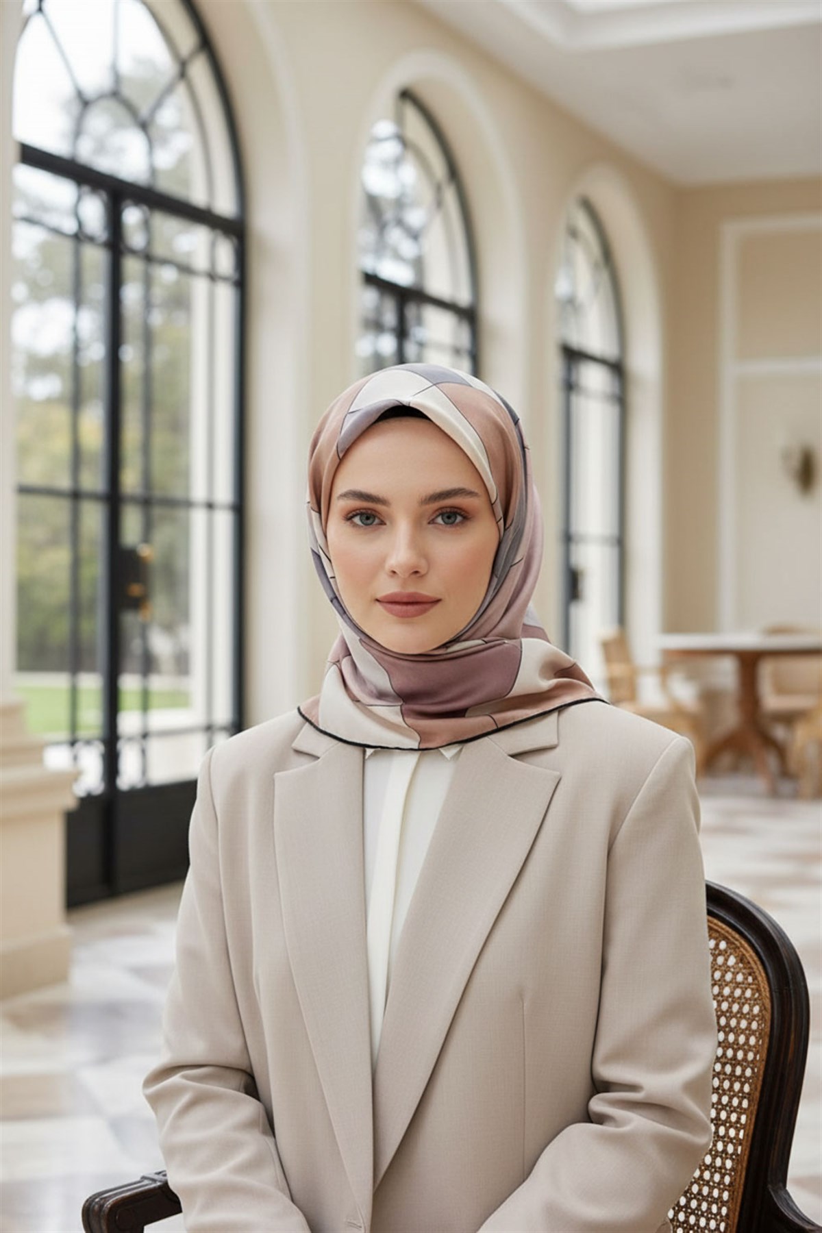 %100 Twill İpek Geometrik Desenli Pudra - Gri Renkli 90x90 Eşarp Dikim Şekli : El Dikişi