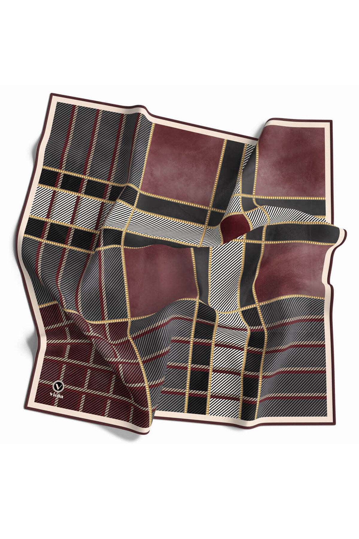Twill Geometrik Desenli Pudra Renkli 90x90 Eşarp (İpek İçermez) Kenar Dikiş Şekli El Dikişli