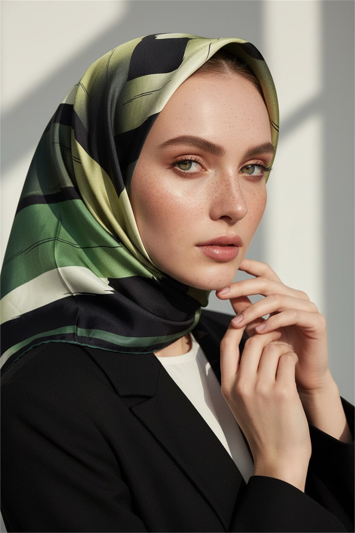 %57 İPEK %43 VİSKON Twill İpek Geometrik Fırça İzi Desenli Siyah - Zümrüt Yeşili Renkli 90x90 Eşarp Dikim Şekli : El Dikişi