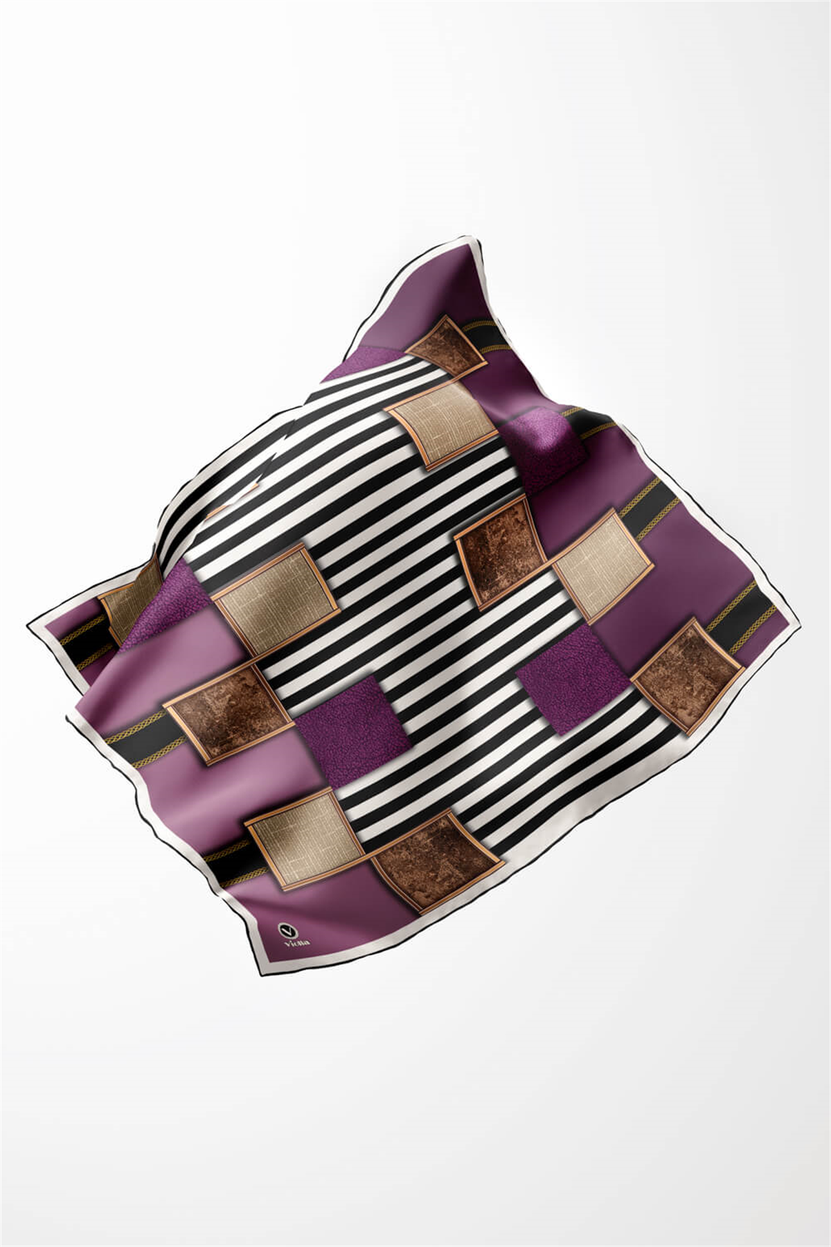 Twill Geometrik Ve Çizgili Desenli Mor Renkli 90x90 Eşarp (İpek İçermez) Dikim Şekli : El Dikişi