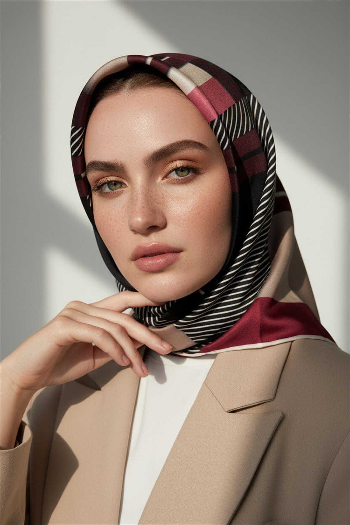 %100 Twill İpek Zebra Desenli Bej - Bordo Renkli 90x90 Eşarp Dikim Şekli : El Dikişi