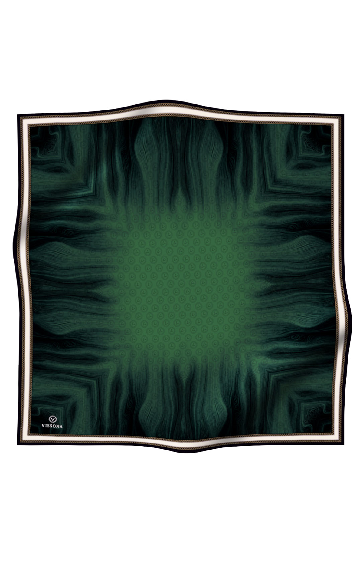 % 57 İPEK % 43 VİSKON Twill İpek Monogram Desenli Zümrüt Yeşili Renkli 90x90 Dikim Şekli : El Dikişi Eşarp