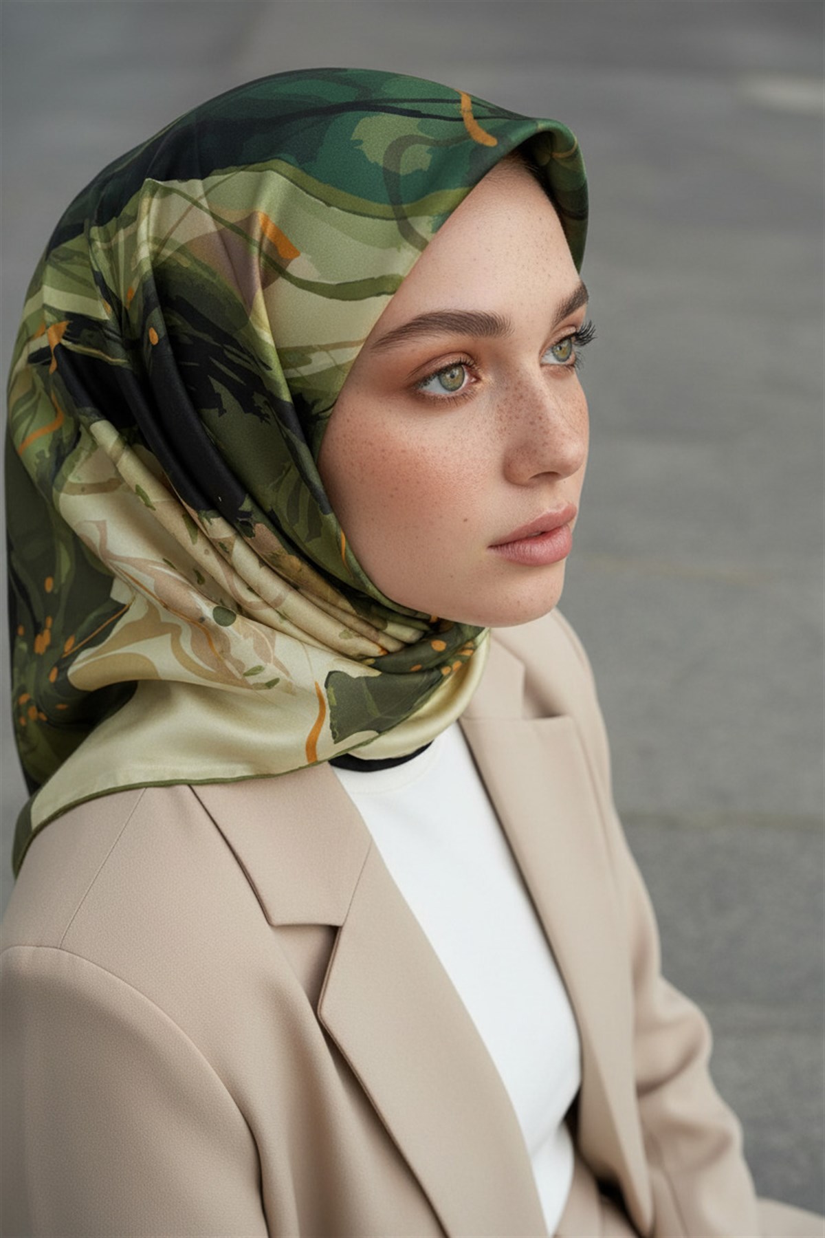 %100 Twill İpek Çiçekli Sulu Boya Dalga Desenli Haki Yeşili - Zümrüt Yeşili  Renkli 90x90 Eşarp Dikim Şekli : El Dikişi
