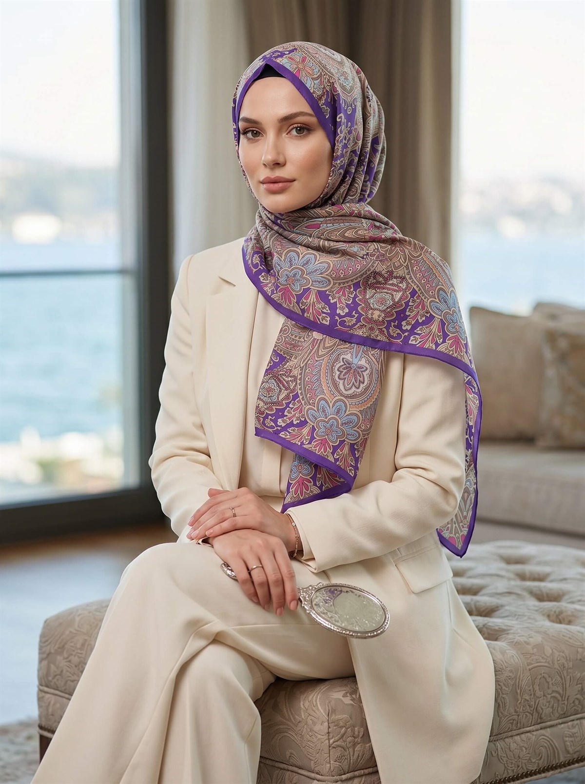 100% İpek Etnik Desenli Mor - İndigo Renkli 92x210 Şal