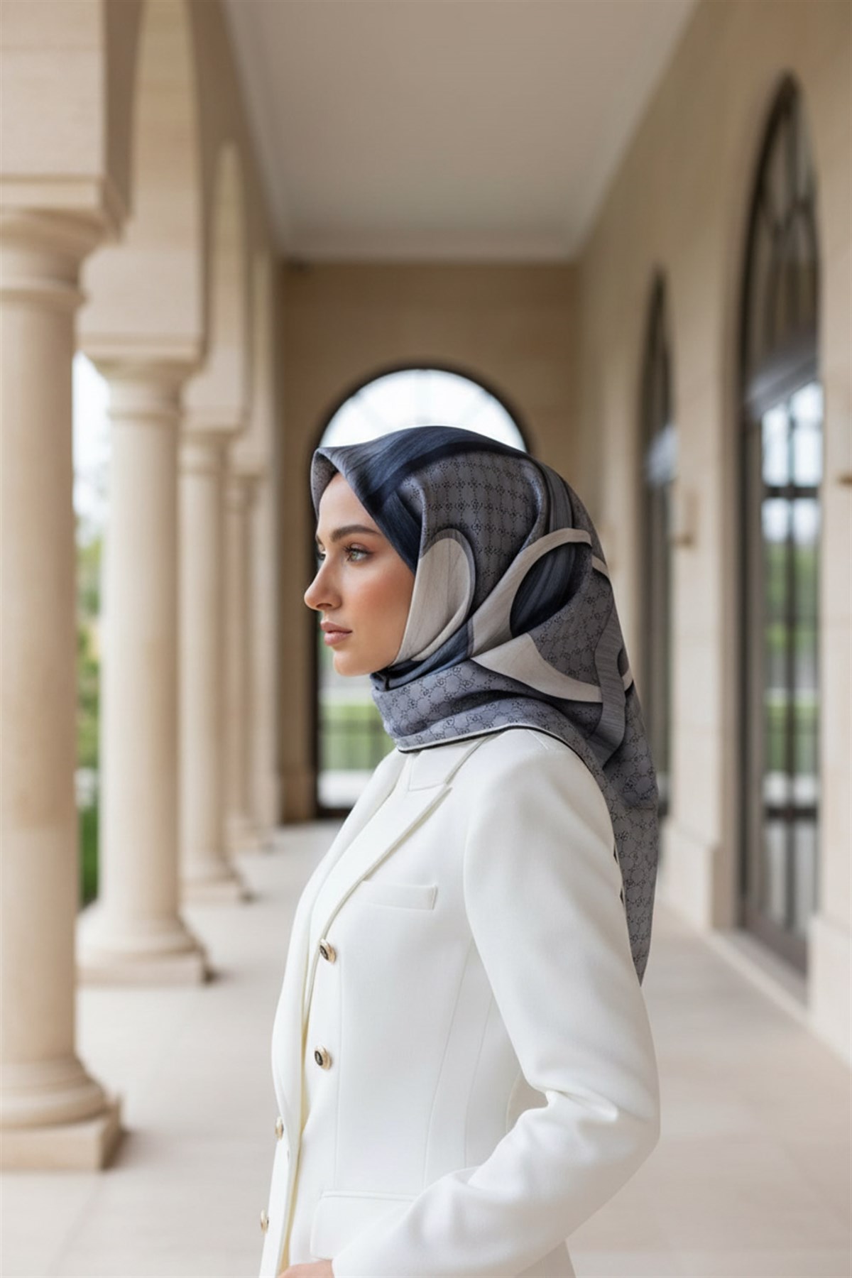 100% Twill Geometrik Halka Desenli Gri - Krem Renkli 90x90 Dikim Şekli : El Dikişi Eşarp