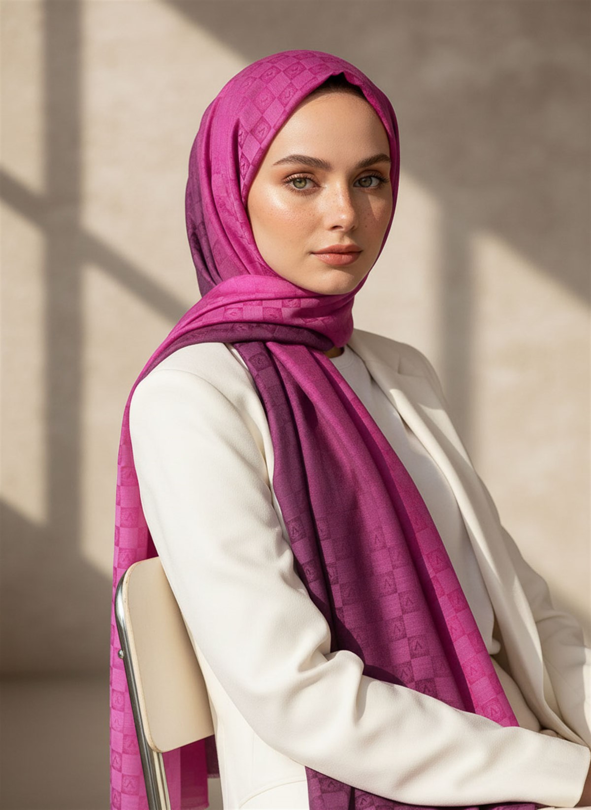 Vissona %57 İPEK %43 PAMUK Degrade Desenli Pembe Renkli Şal -  70x190 Dikiş Tipi İtalyan Dikişli