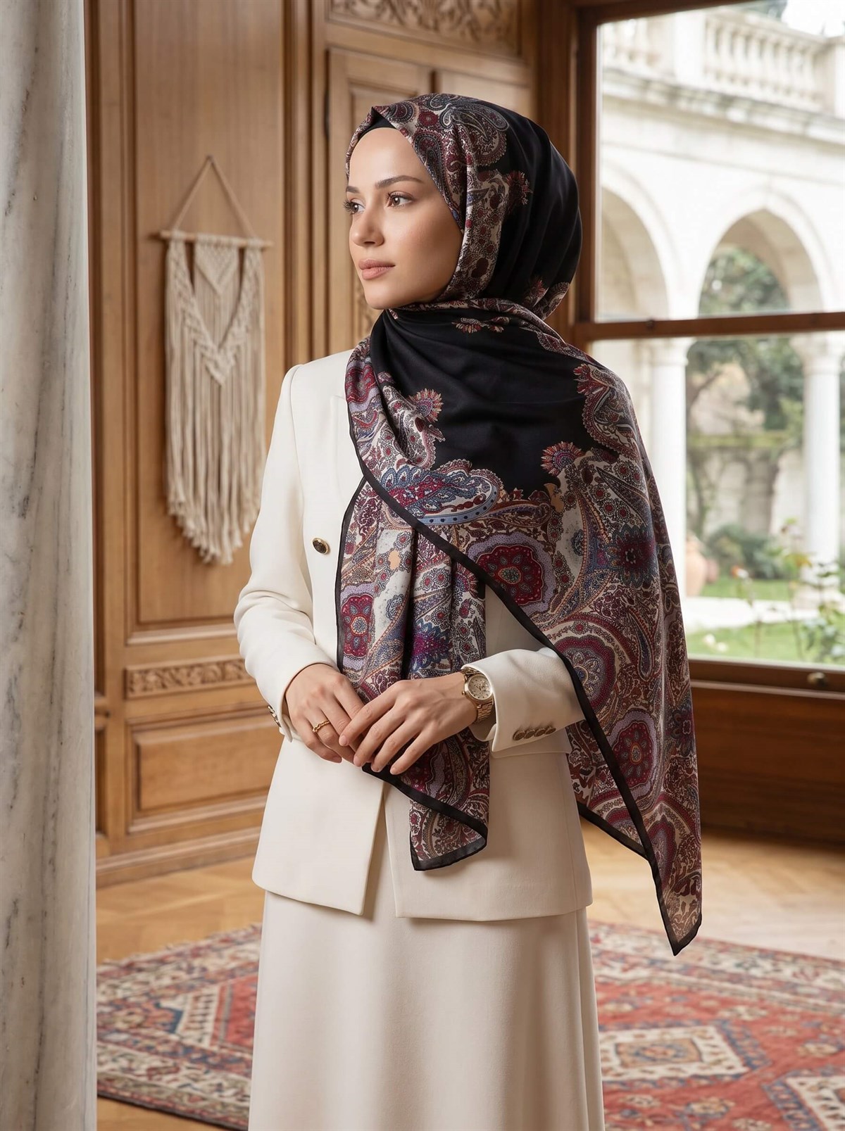 100% İpek Etro Desenli Siyah Renkli 92x210 Şal