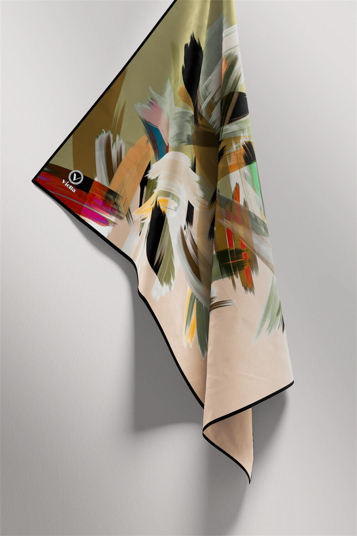 Twill Fırça Desenli Haki Renkli 90x90 Eşarp (İpek İçermez) Kenar Dikiş Şekli El Dikişli