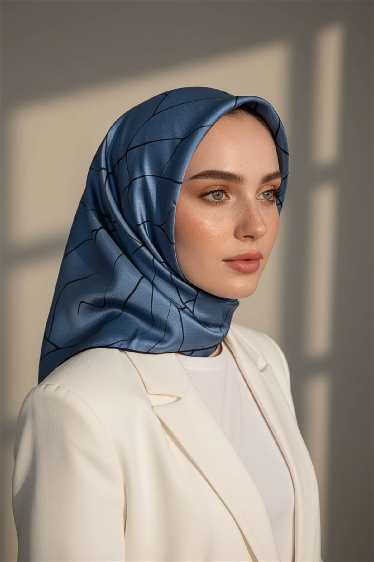 %100 Twill İpek Çizgi Desenli İndigo - Siyah Renkli 90x90 Eşarp Dikim Şekli : El Dikişi
